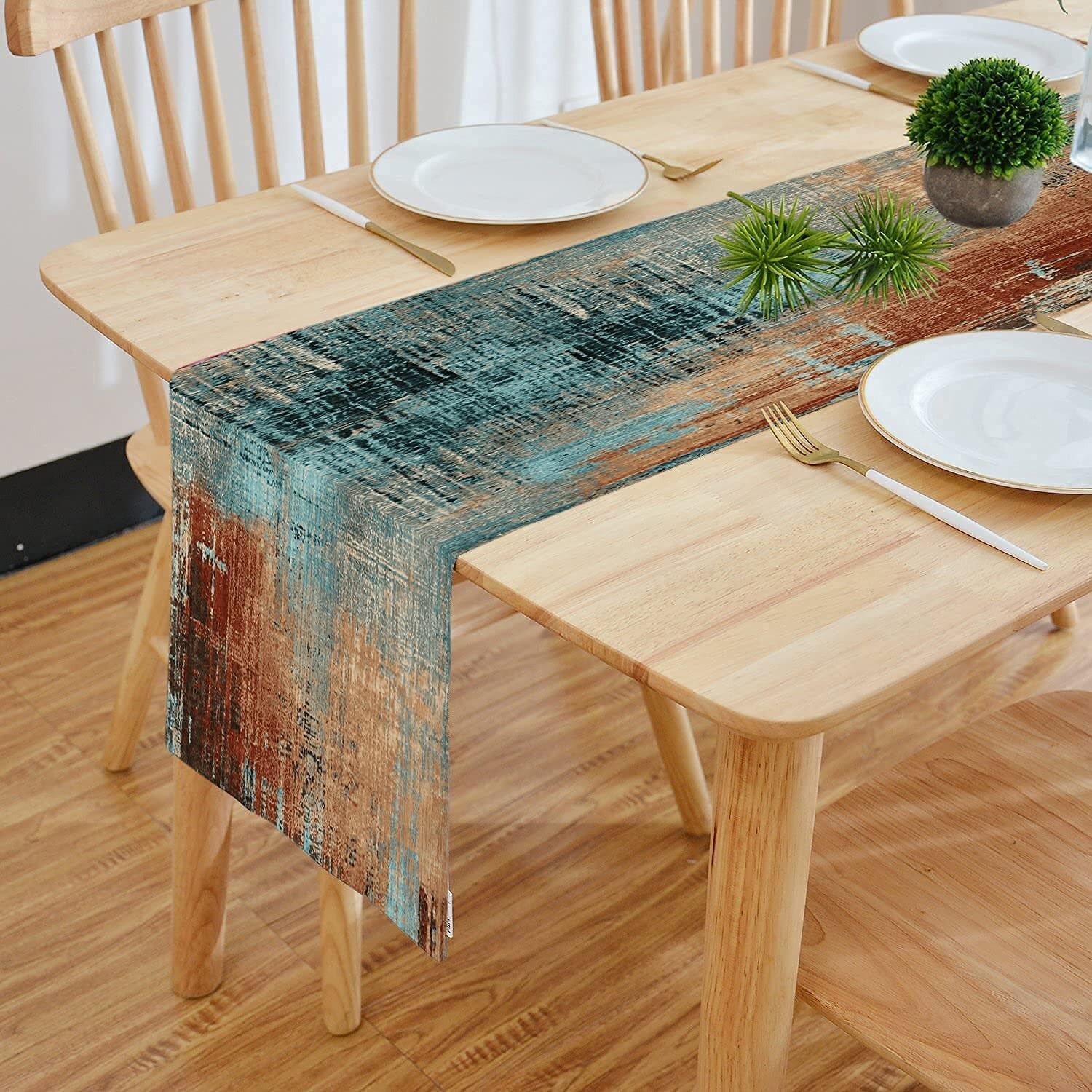 Chemin de table élégant à motifs de trèfles multicolores imprimés numériquement, toucher coton, double épaisseur, 33 x 183 cm | Décoration pour table à manger et table basse