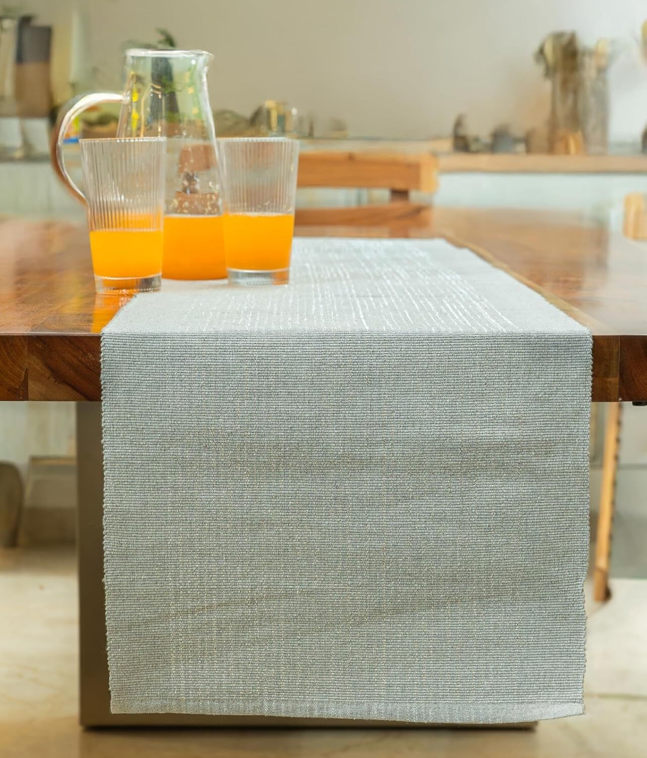 Chemin de table à manger en coton côtelé gris argenté à paillettes, 160 x 35,5 cm | Décoration de table moderne et festive, lavable, pour 4 à 6 personnes