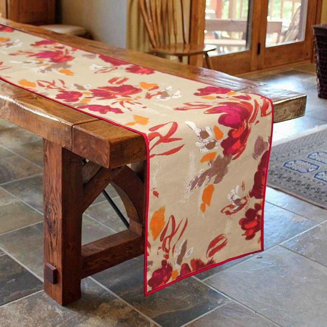 Chemin de table imprimé en coton 190 fils/cm² 35,5 x 183 cm (bordeaux, beige) | Linge de table et de cuisine