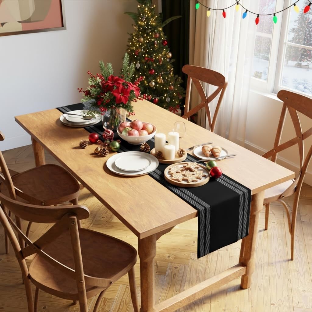 Chemin de table moderne en coton côtelé noir à motif échelle, 32 x 183 cm, pour 4 à 6 personnes | Lavable en machine | Décoration de cuisine