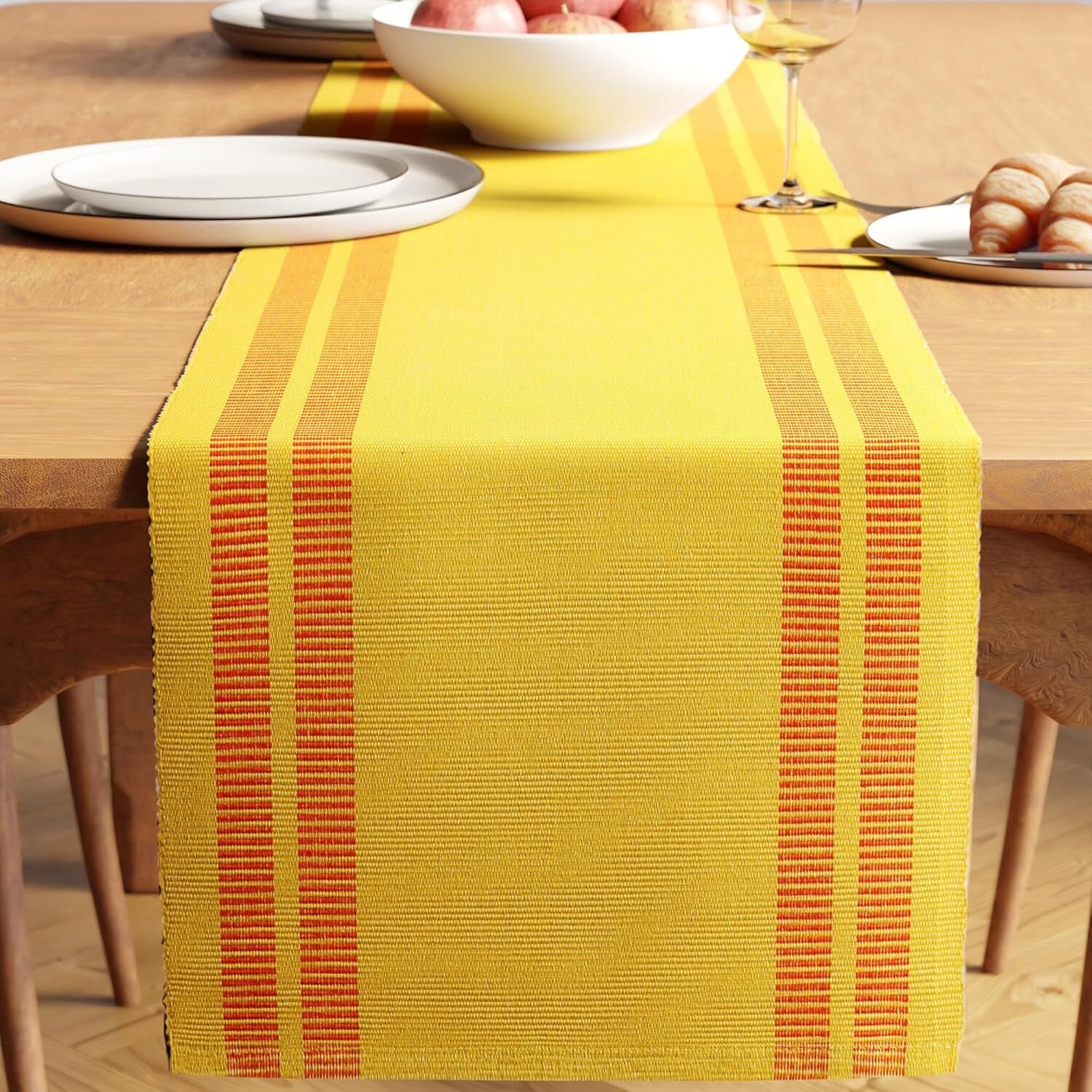 Chemin de table moderne en coton côtelé fin à motif échelle citron, 32 x 183 cm, pour 4 à 6 personnes | Lavable en machine | Décoration de cuisine
