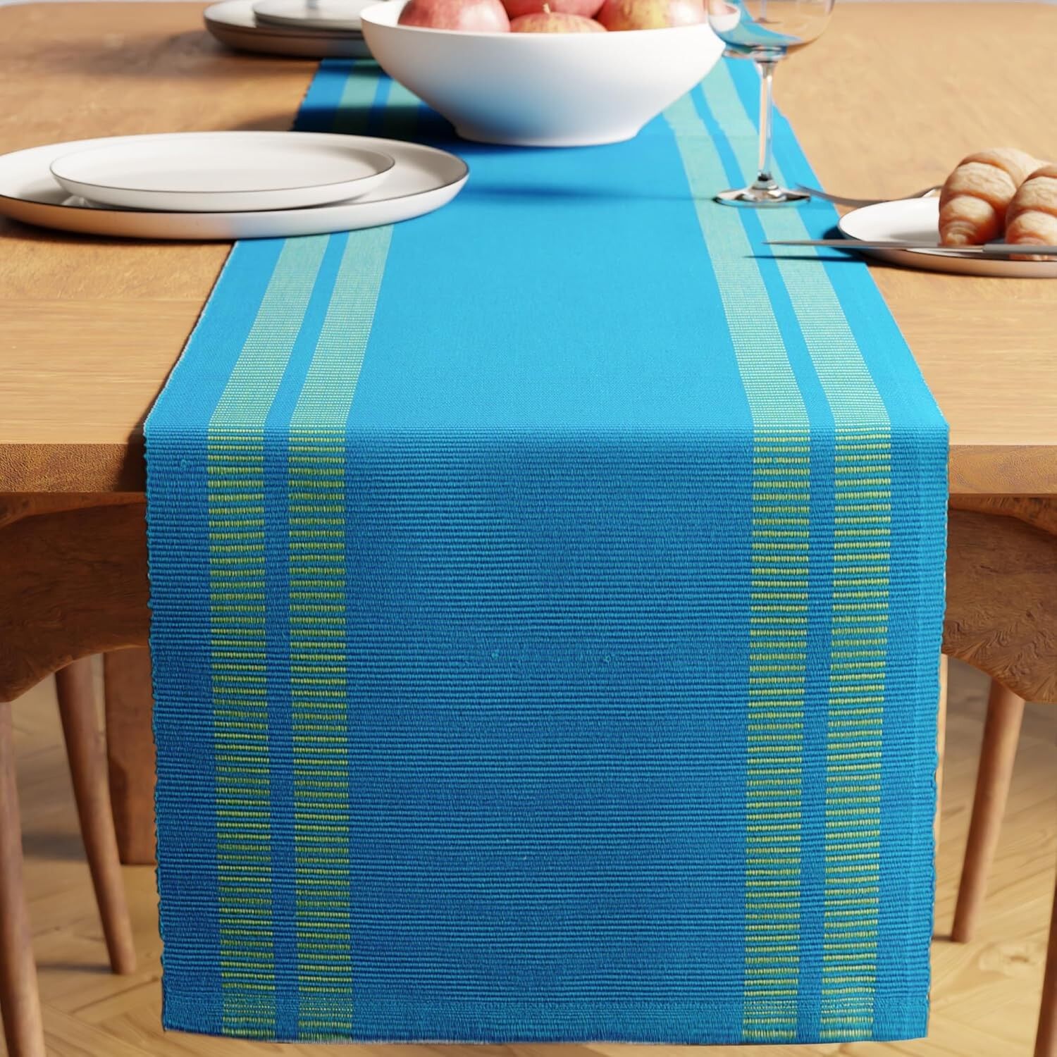 Chemin de table moderne bleu turquoise à motif échelle, en coton côtelé fin teint en fil, 32 x 183 cm, pour 4 à 6 personnes | Lavable en machine | Décoration de cuisine
