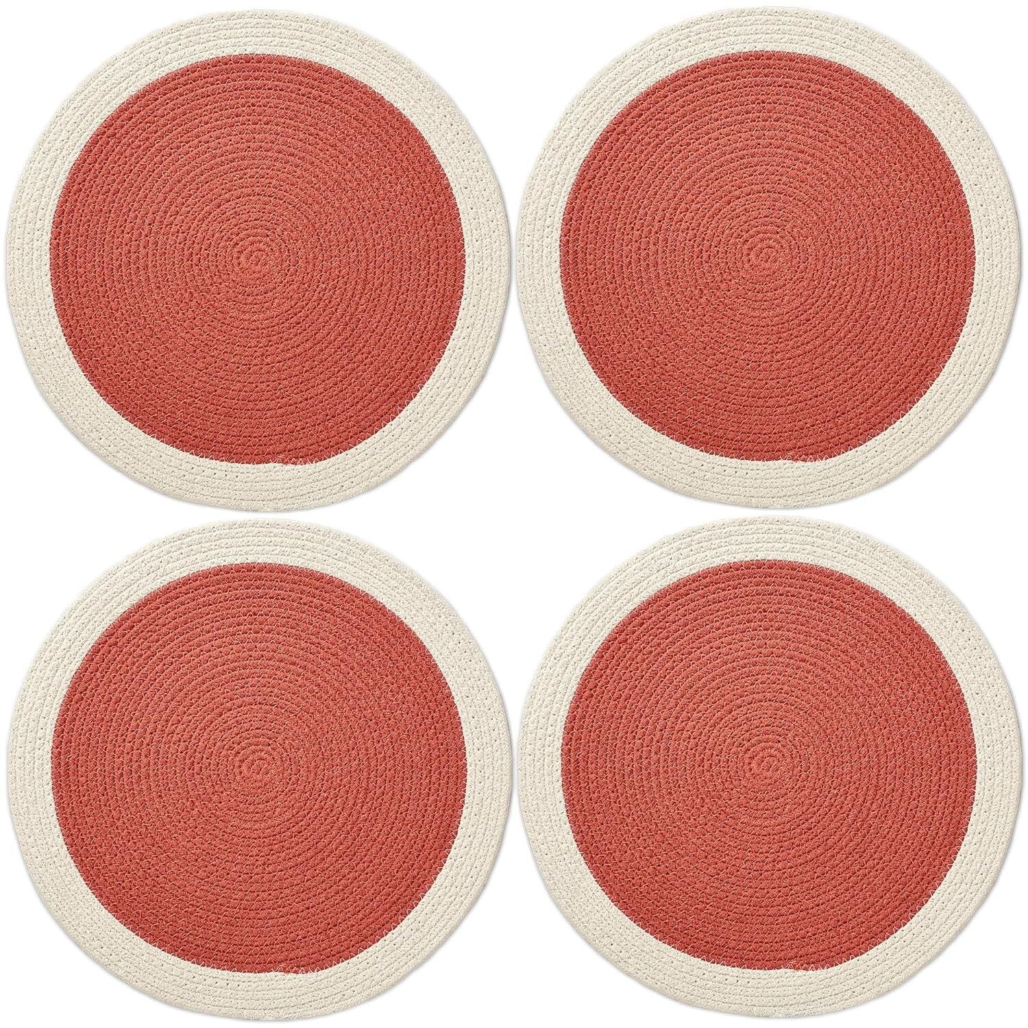 Ensemble de 4 sets de table en coton corail côtelé, faits main, 32 cm | Résistants à la chaleur, antidérapants et lavables