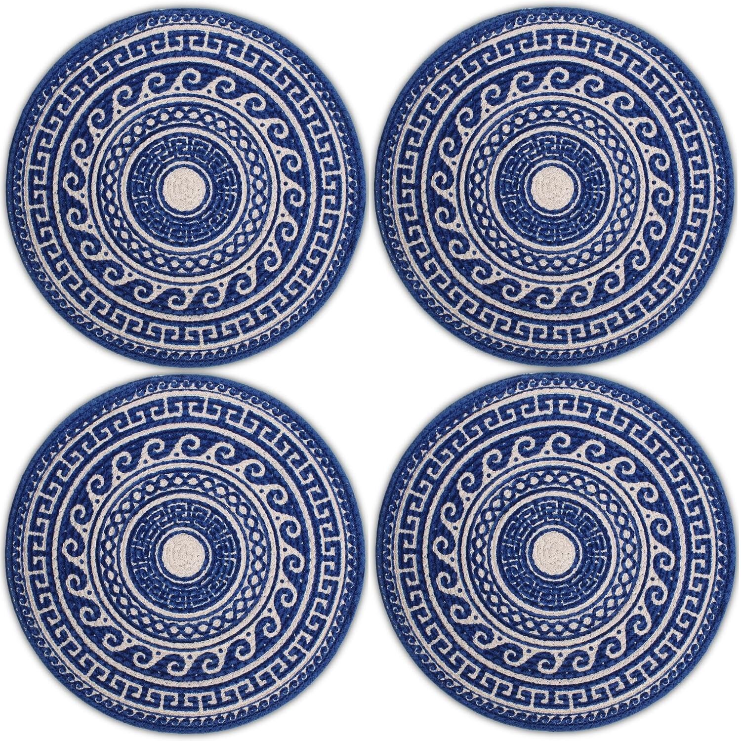 Ensemble de 4 sets de table ronds mandala bleus côtelés faits main (32 cm) | Sets de table en coton résistant à la chaleur et lavables