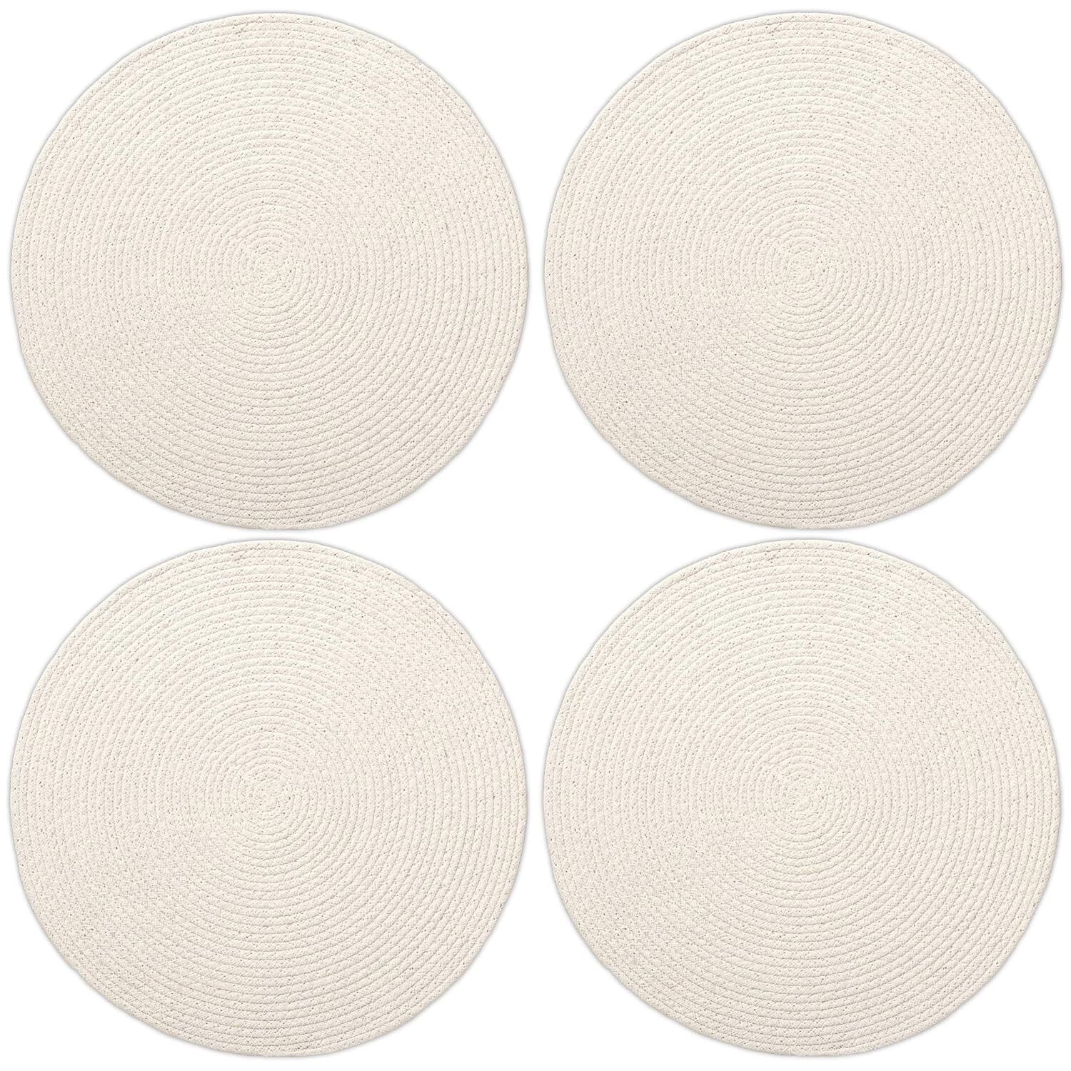 Lot de 4 sets de table ronds de 32 cm, en coton côtelé blanc cassé, résistant à la chaleur et lavable | Sets de table antidérapants