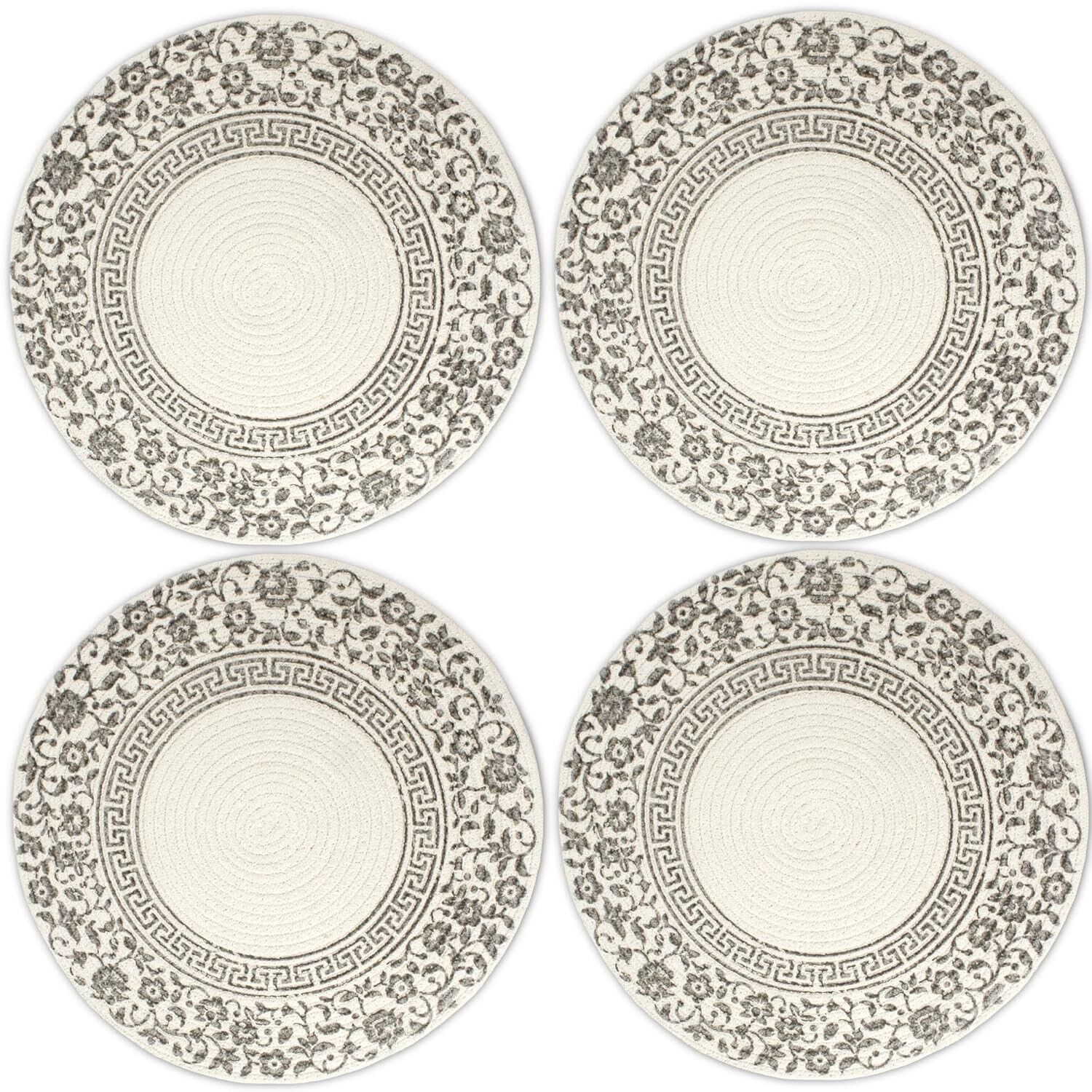 Lot de 4 sets de table ronds gris côtelés imprimés, faits main | Sets de table résistants à la chaleur et lavables pour la table