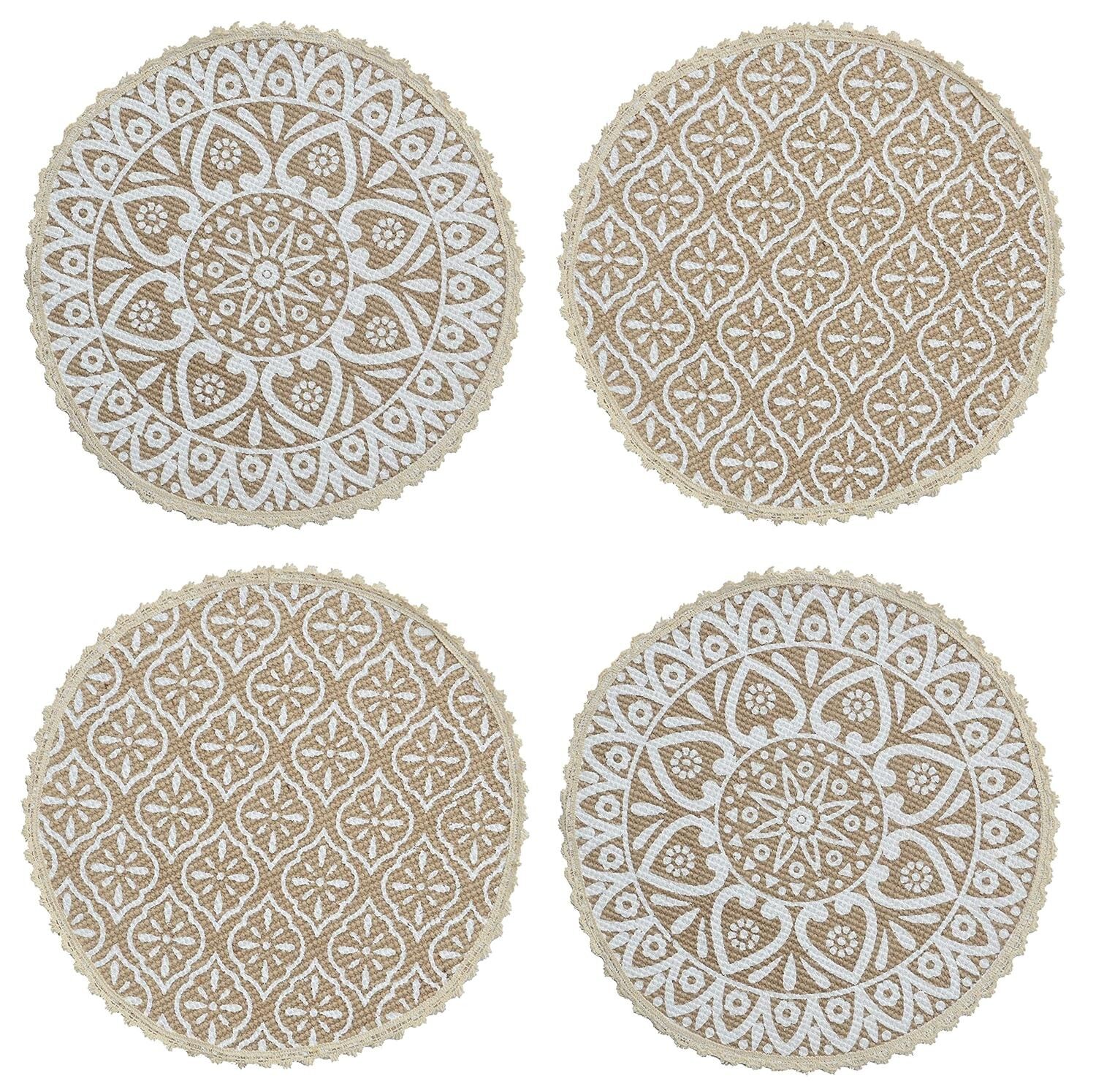 Sets de table ronds imprimés en jute et coton blanc - Lot de 4, 38 x 38 cm | Sets de table, Décoration intérieure
