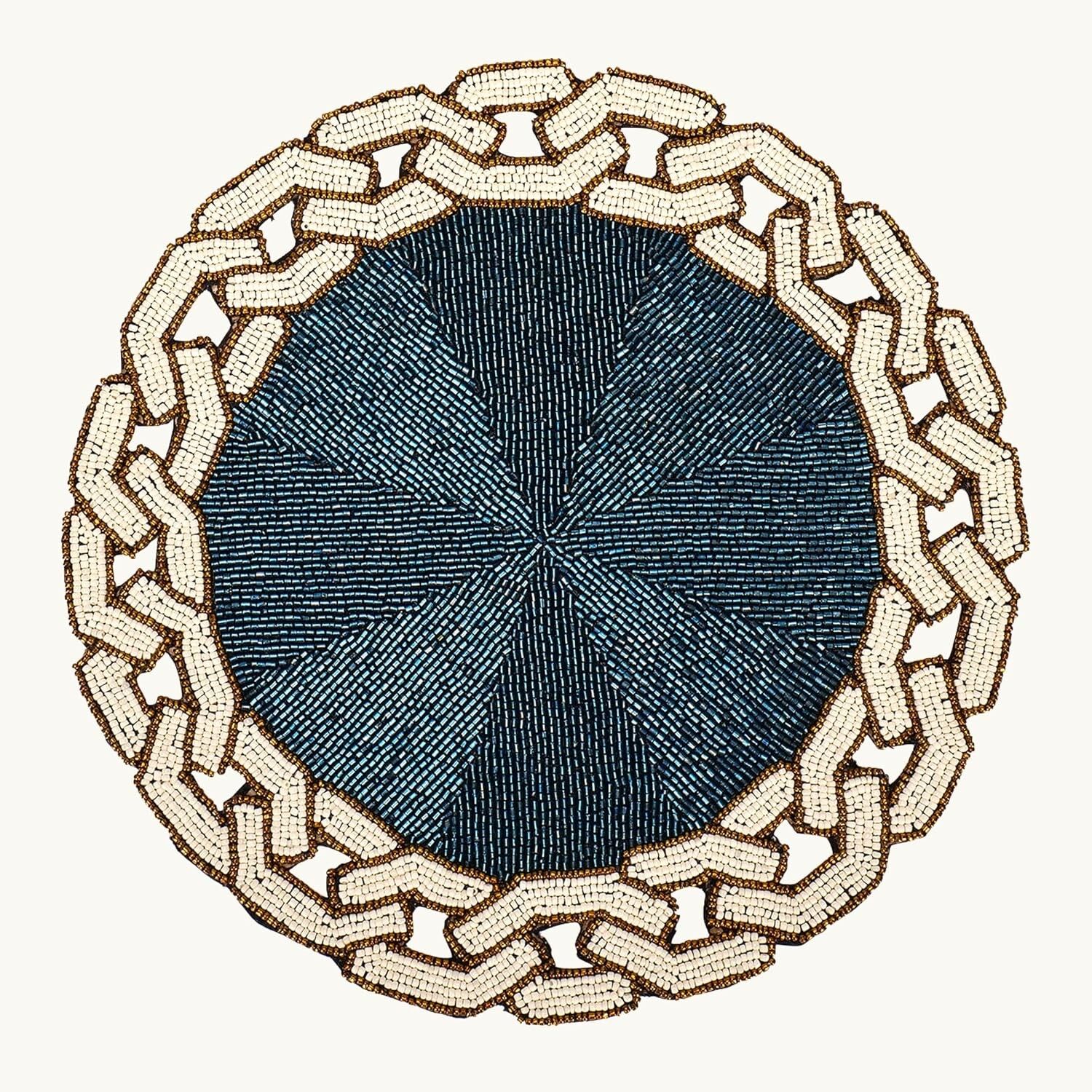 Set de table rond 35,5 cm (14 po) en perles de verre tressées à la main | Facile à nettoyer, résistant à la chaleur et antidérapant | Idéal pour la table à manger ou la décoration de table basse | Bleu et blanc