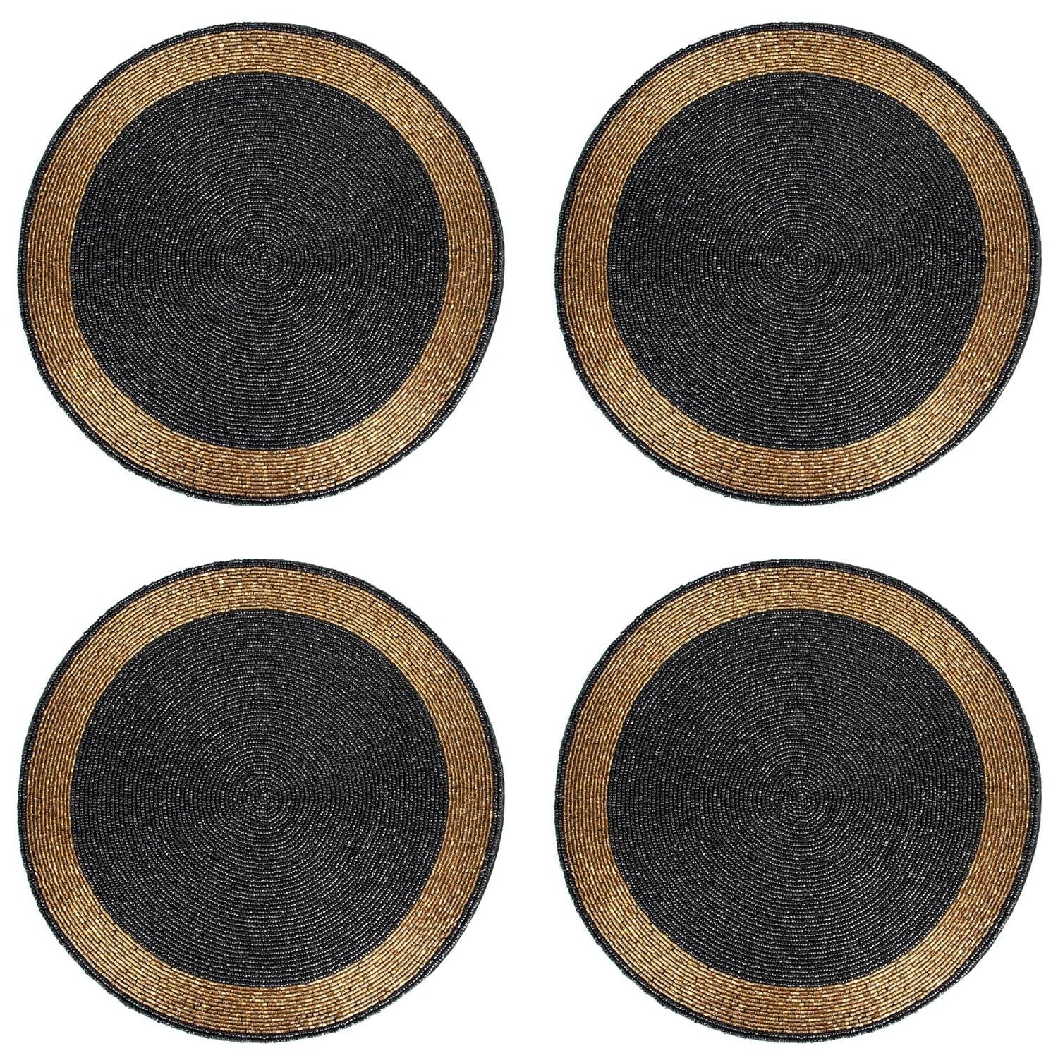 Ensemble de 4 sets de table élégants noirs et dorés à perles de verre - 35,5 cm de diamètre | Décoration de table et cadeau