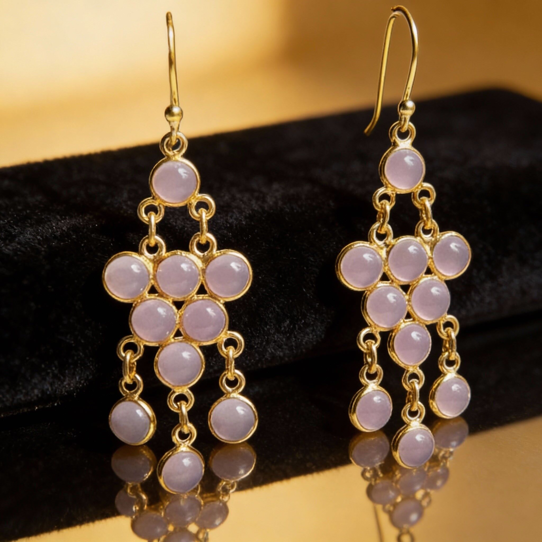 Pendientes "PERSÉFONO" con piedras naturales, cuarzo rosa, en plata fina bañada en oro.