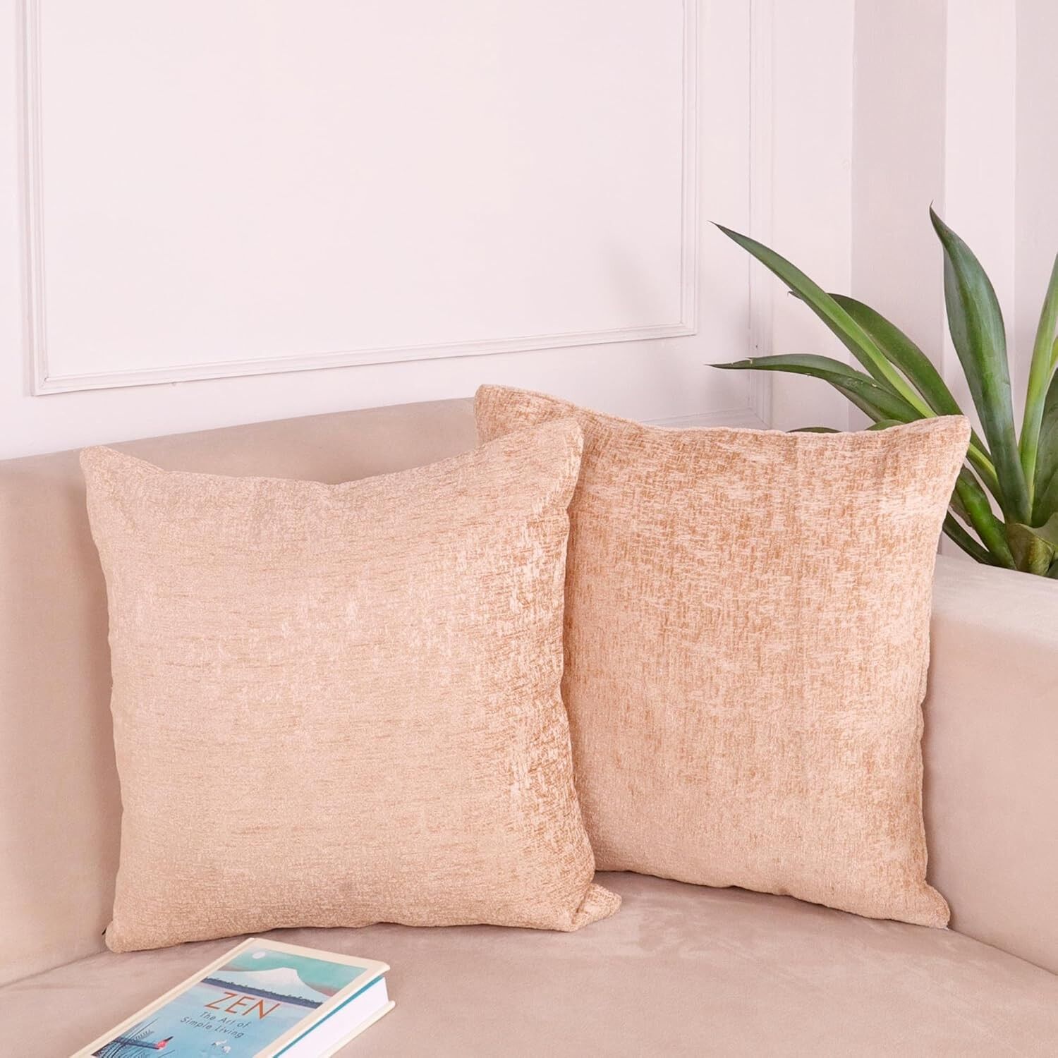 Housses de coussin douces en chenille beige effet velours, 40 x 40 cm, lot de 2 | Résistantes et lavables, pour canapé, lit et salon