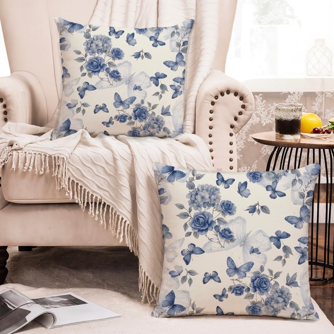 Housses de coussin décoratives à motif papillon, douces (180 g/m²), 40 x 40 cm, lot de 2 | Décoration pour canapé, lit, fauteuil, cadeau, impression artisanale au bloc