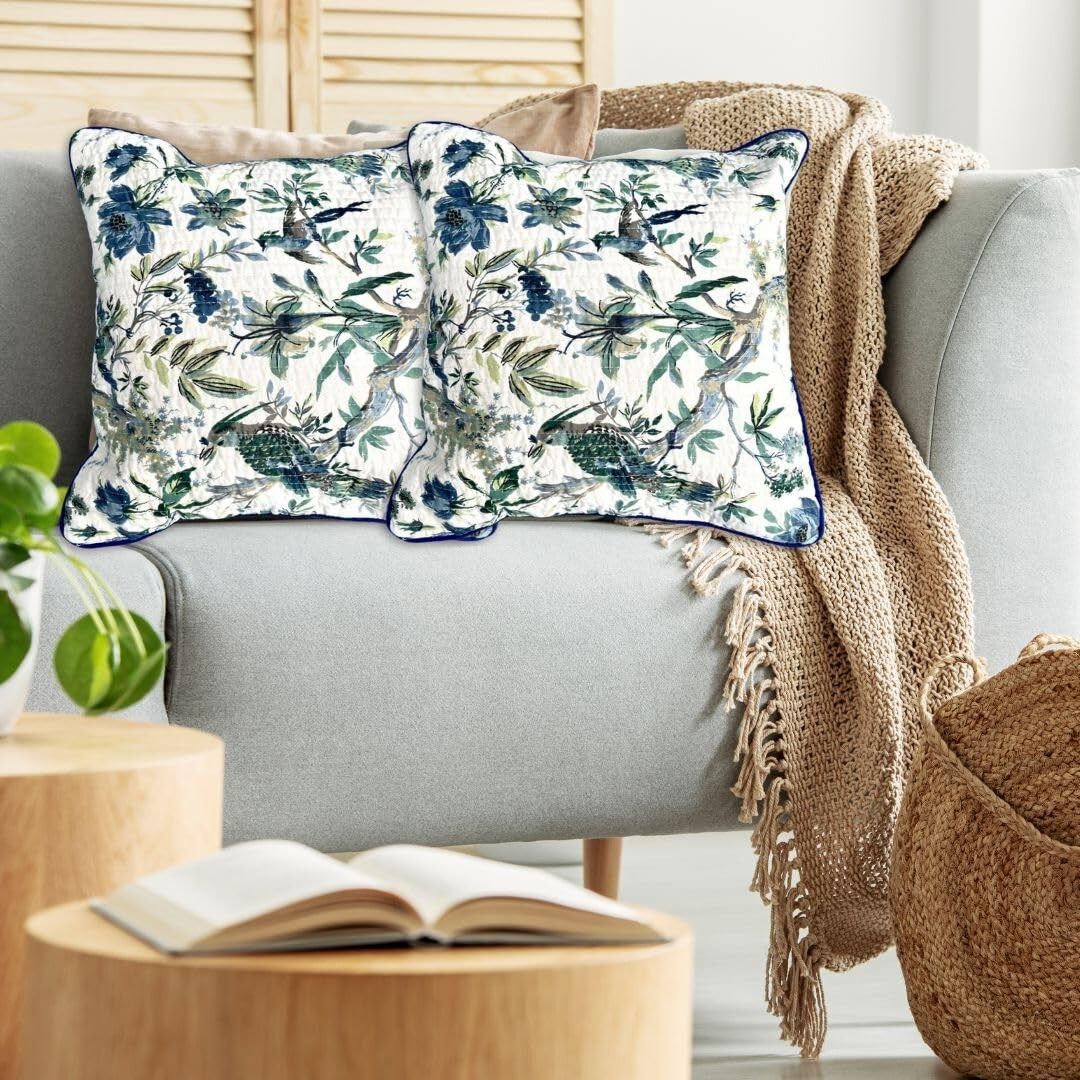 Housses de coussin en pur coton imprimées à la main, 40 x 40 cm - Lot de 2 | Motif floral doux et décoratif pour canapé, lit et décoration intérieure