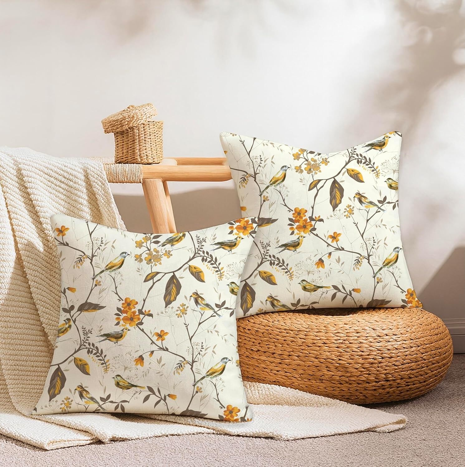 Jaipur Weaves Housses de coussin décoratives douces motif oiseau doré 40 x 40 cm - Lot de 2 | Coton biologique | Décoration intérieure pour canapé, lit et fauteuil