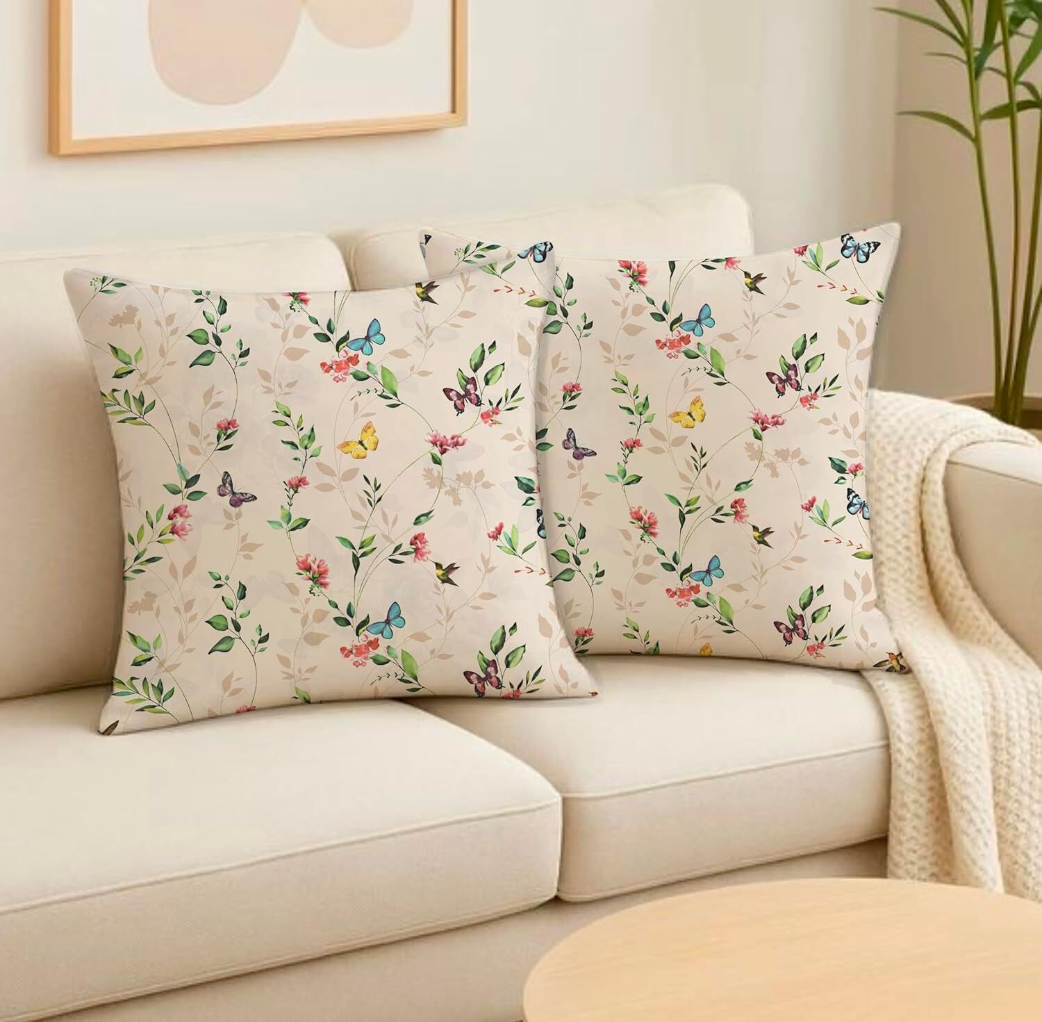 Housses de coussin décoratives « Jardin de papillons » en coton bio doux, 40 x 40 cm, lot de 2 | Imprimées à la main pour canapé, lit, décoration intérieure, cadeau
