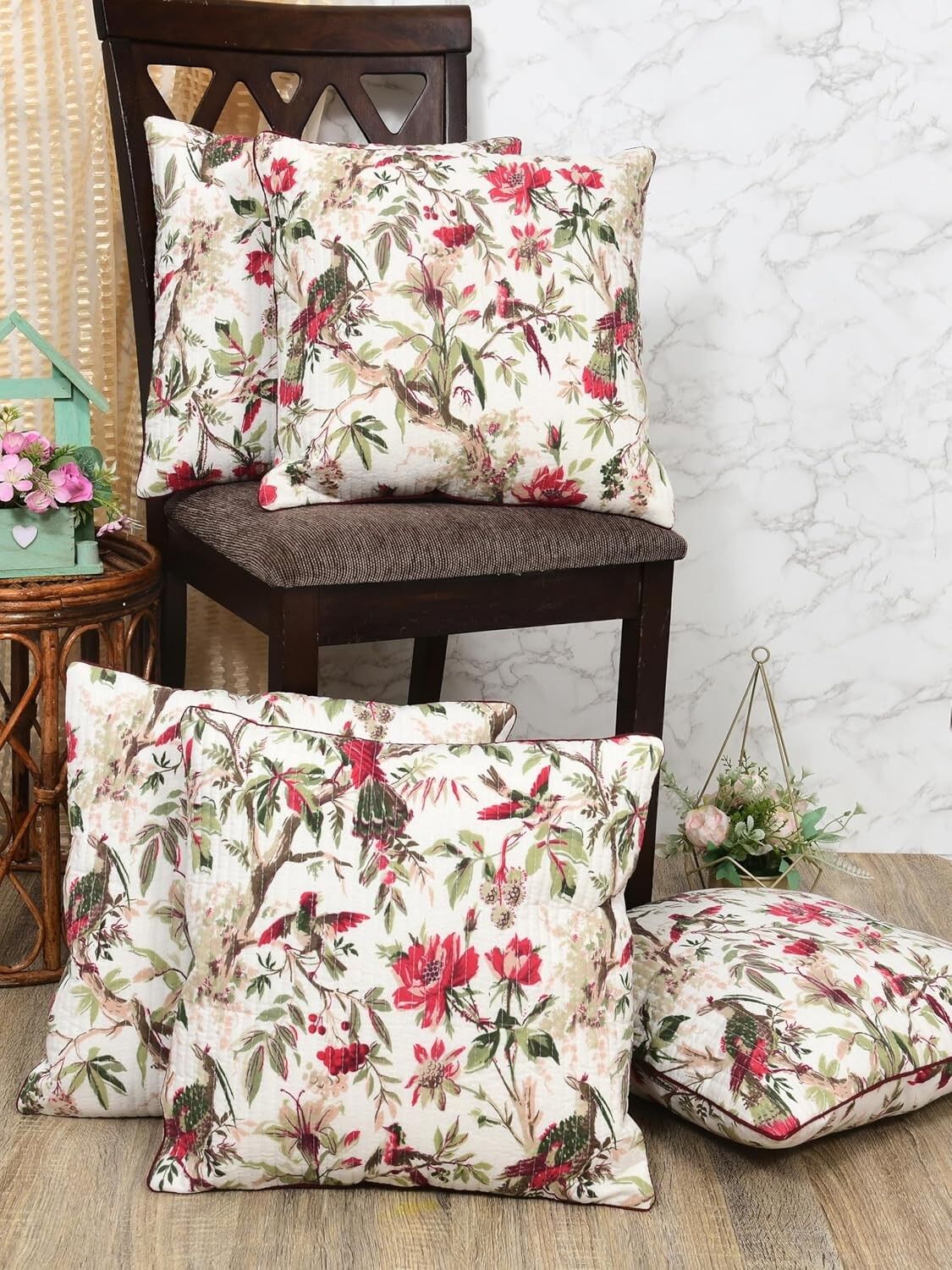 Lot de 2 housses de coussin en coton imprimé à la main avec motifs floraux, 40 x 40 cm | Décoration pour canapé, lit ou fauteuil | Idée cadeau