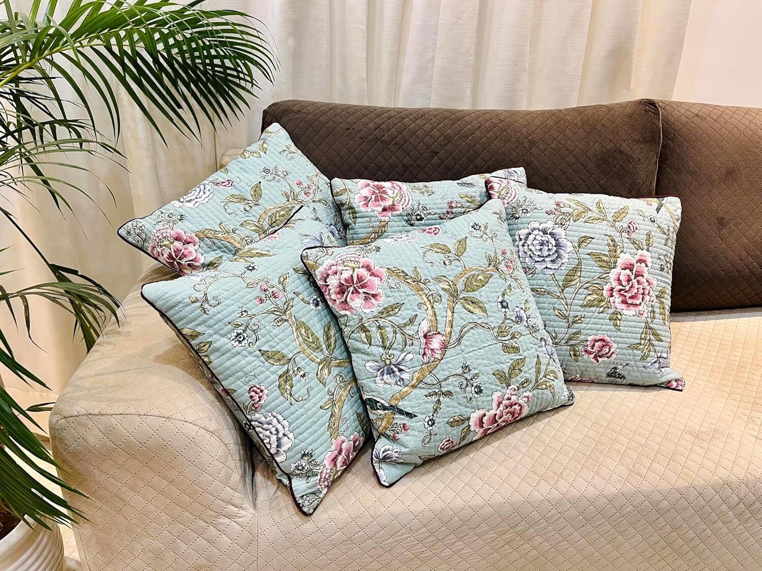 Housse de coussin décorative à motif floral ethnique en pur coton, imprimée à la main, 40 x 40 cm, lot de 2 | Décoration pour canapé, lit, fauteuil | Idée cadeau
