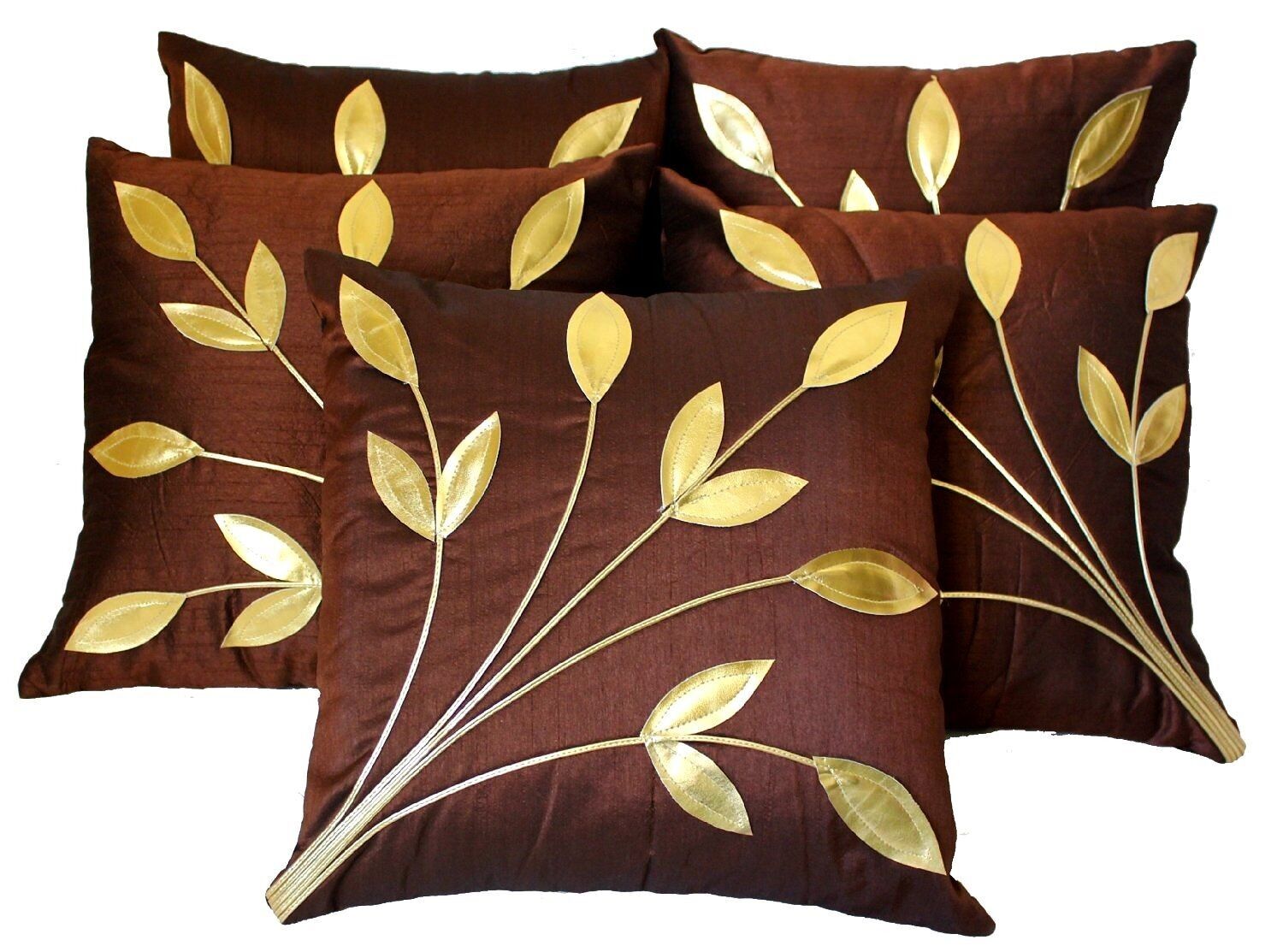 Housses de coussin ethniques en soie à motifs floraux dorés, lot de 5, 40 x 40 cm | Housses de coussin décoratives pour canapé et maison