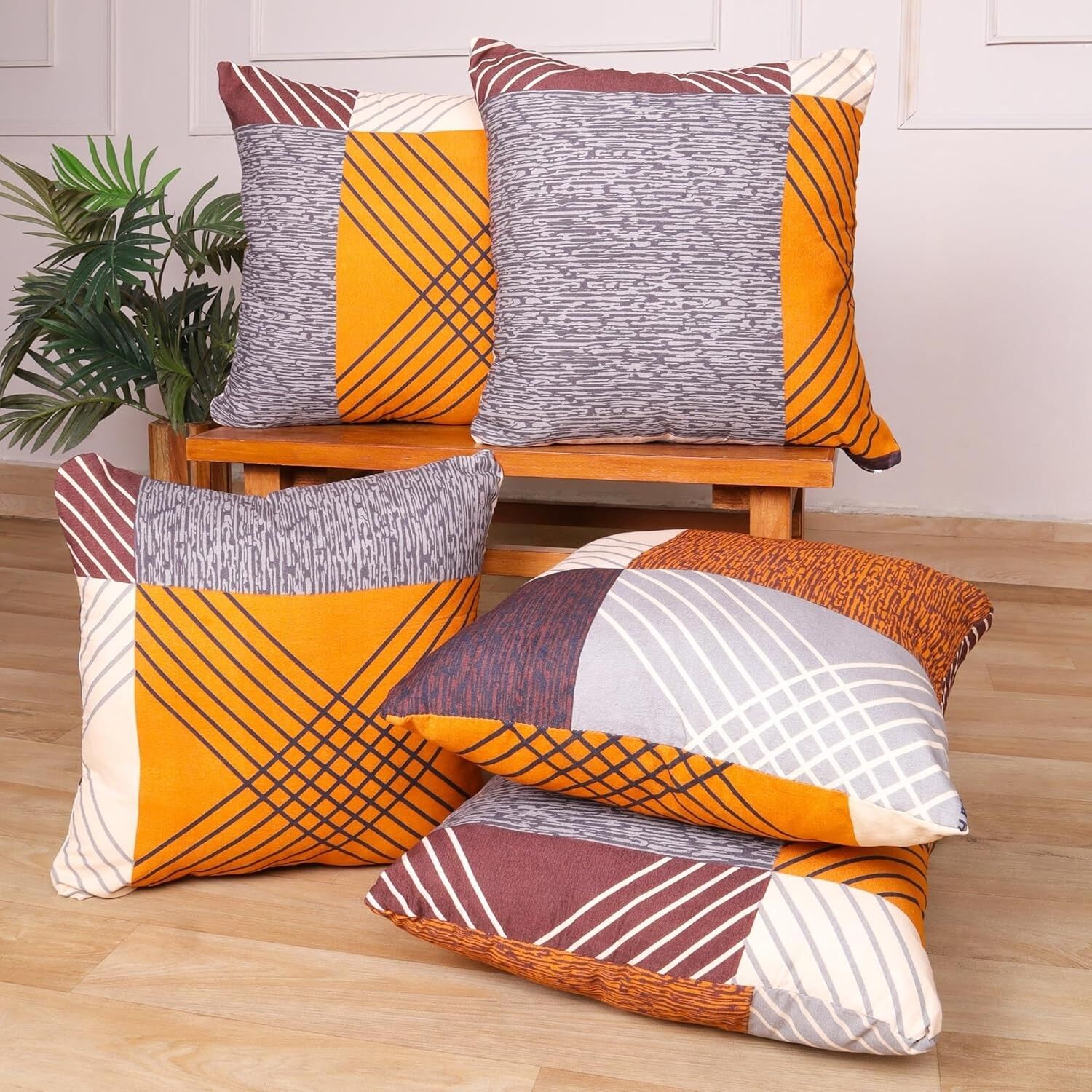 Ensemble de 5 housses de coussin à imprimé patchwork géométrique moderne | Taies d'oreiller 40 x 40 cm en polycoton orange, marron et gris pour la décoration de canapé et de lit