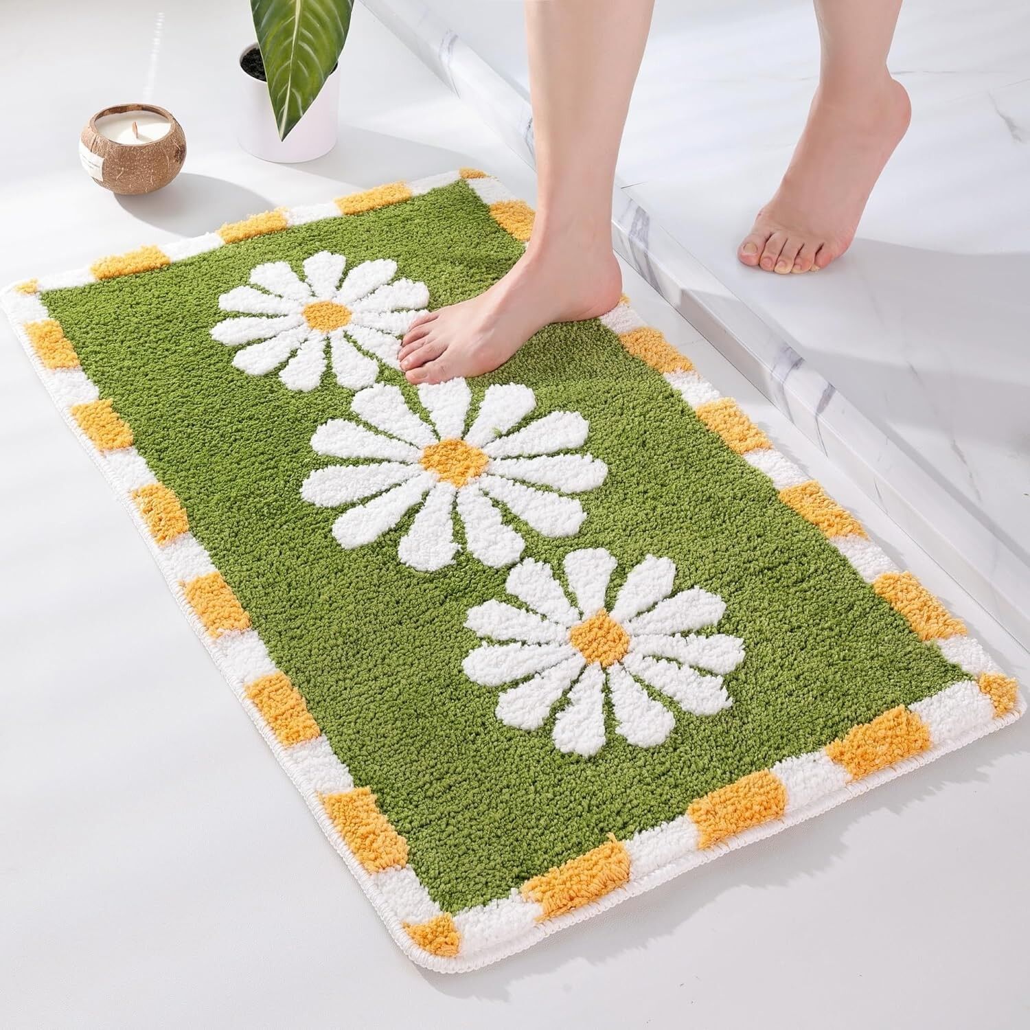 Tapis Blossom ultra doux antidérapant en microfibre 2000 g/m² (50 x 80 cm) - Lot de 1 | Tapis absorbant pour salle de bain, cuisine, porte et sol - Vert