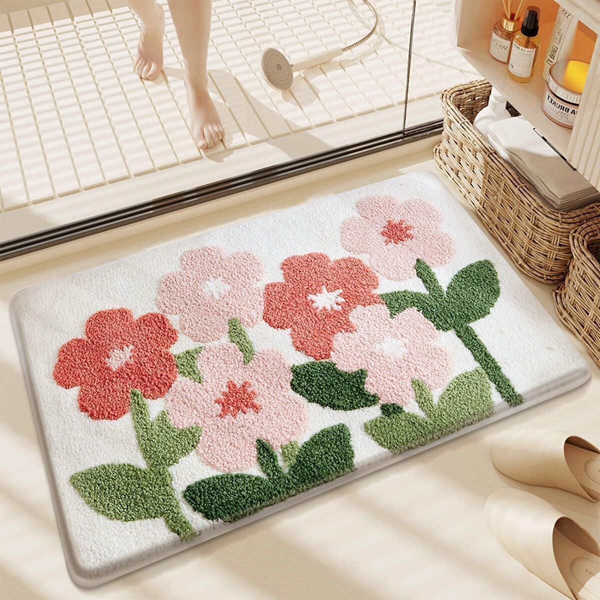 Tapis de bain et de porte abstrait rose bébé, antidérapant et lavable | Séchage rapide, disponible en plusieurs tailles