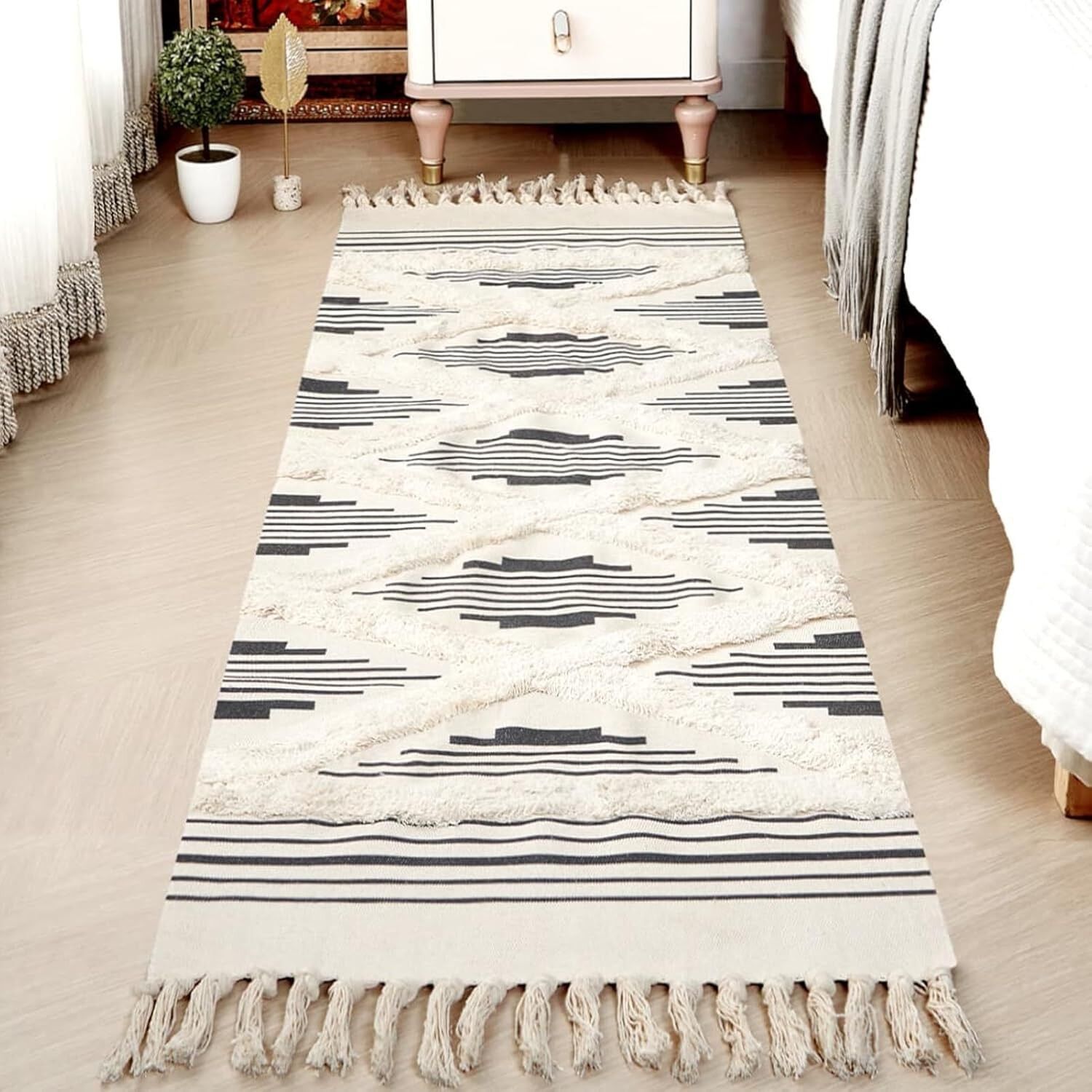 Tapis de couloir moderne tissé à la main en coton 100 % à motif zigzag, 60 x 150 cm | Tapis design pour chambre et salon