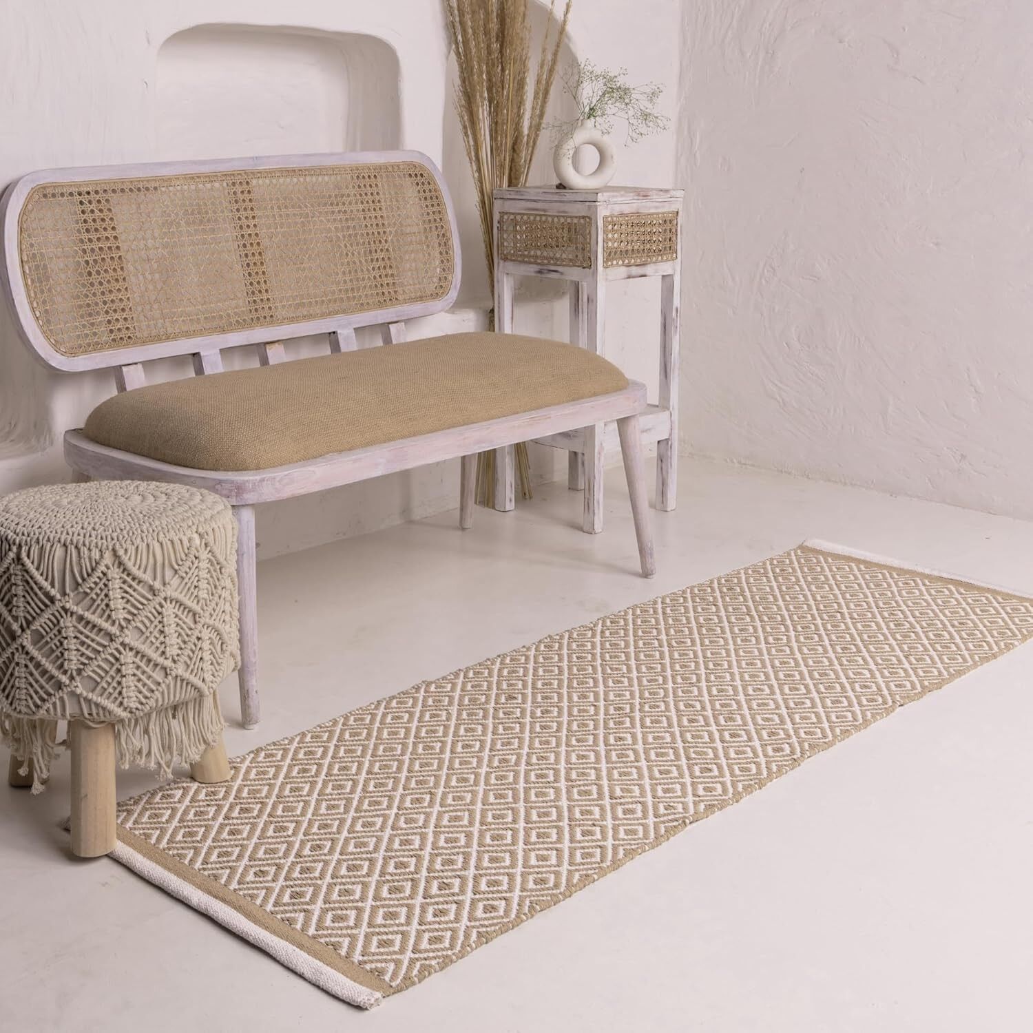 Tapis de couloir en coton naturel tissé à la main, motif losanges, 60 x 150 cm | Facile d'entretien, pour chambre ou salon