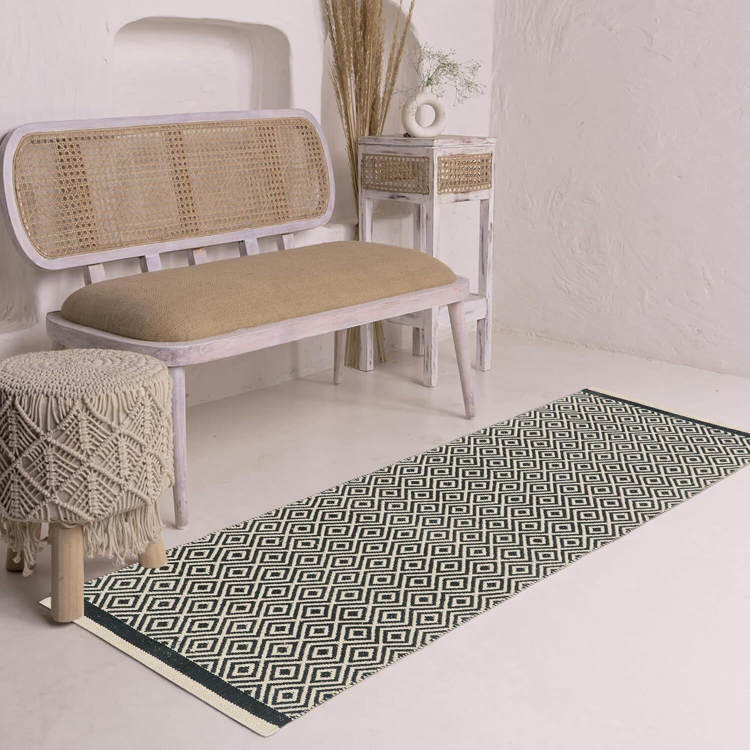 Tapis moderne tissé à la main 100 % coton à motif losanges 60 x 150 cm | Tapis de chevet lavable de qualité export, idéal pour le salon