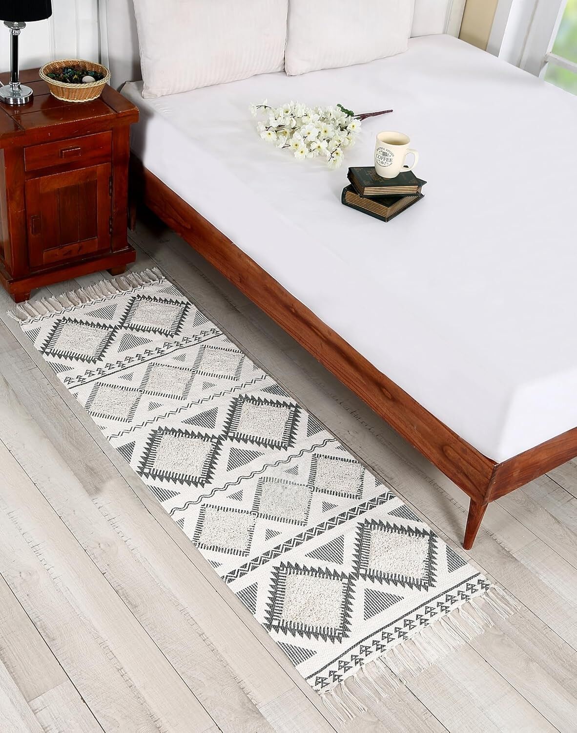 Tapis de couloir en coton 100 % noir et blanc naturel, tissé à la main et tufté à la main, 60 x 150 cm | Décoration haut de gamme pour chambre, salon et couloir