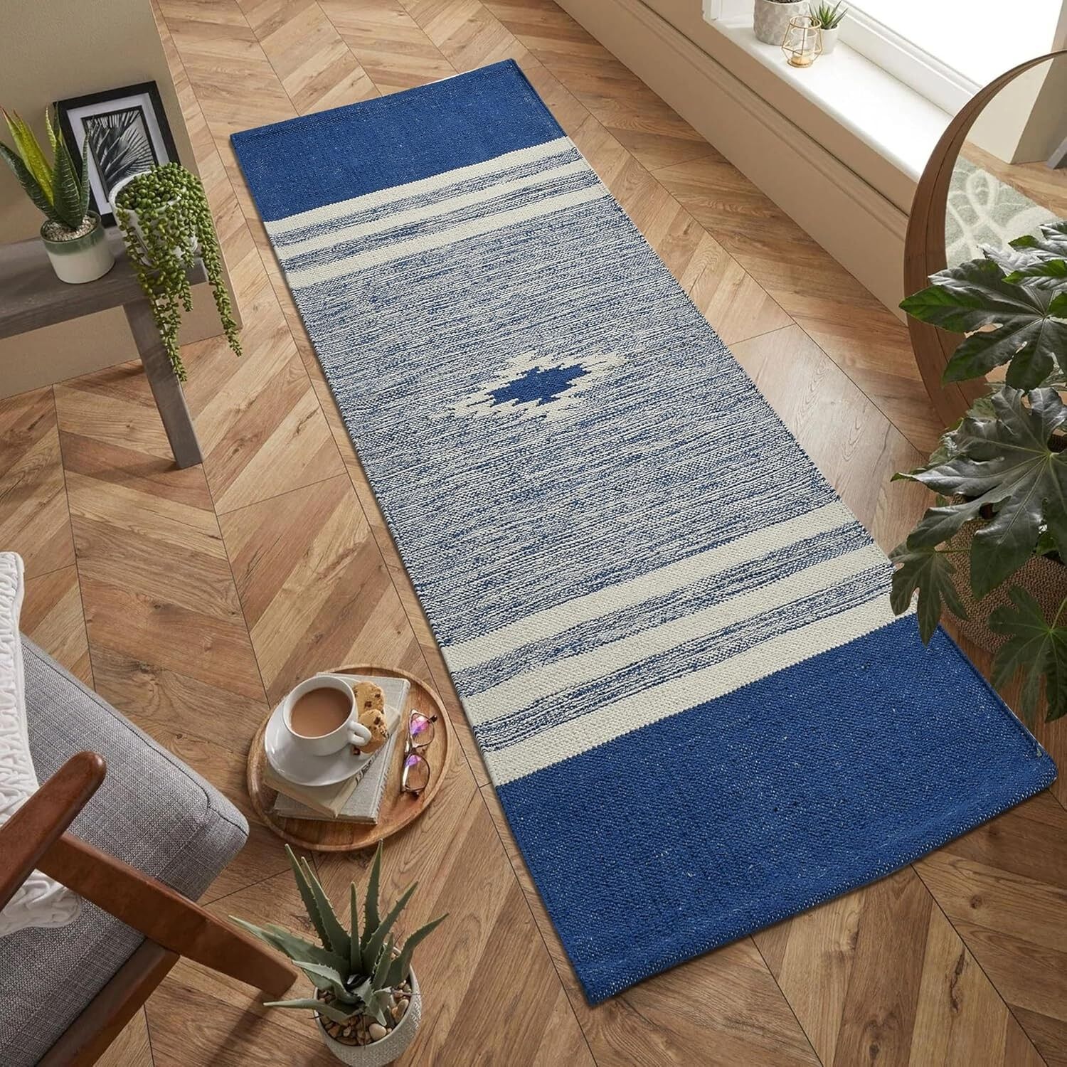 Tapis tissé à la main 100 % coton naturel 60 x 150 cm | Tapis de couloir design moderne pour chambre ou salon