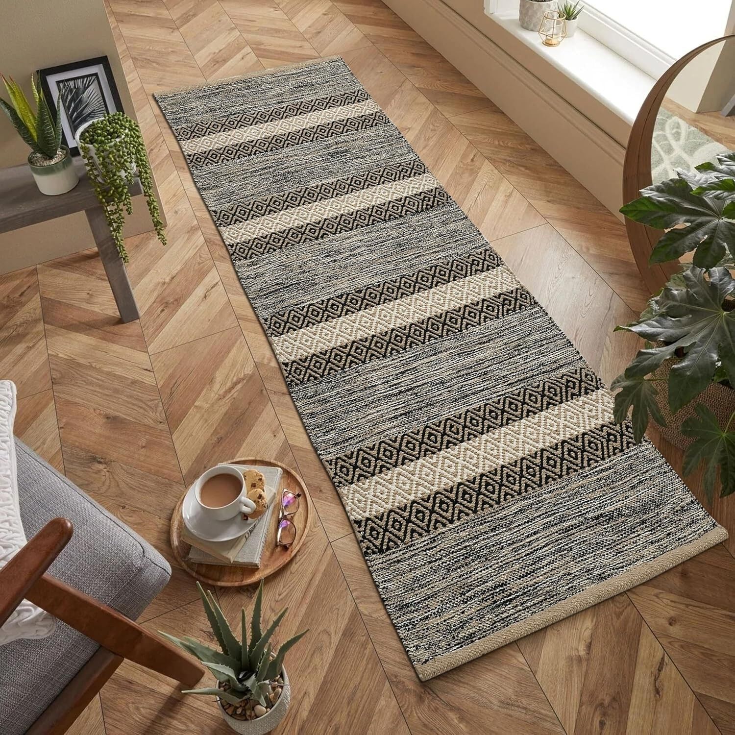 Tapis moderne tissé à la main en coton naturel à motif losanges 60 x 150 cm | Écologique et lavable | Idéal pour chambre et salon
