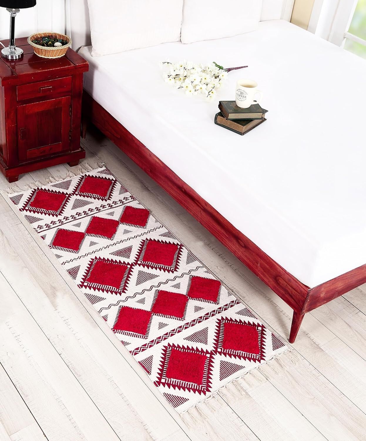 Tapis de couloir moderne en coton tufté tissé à la main 60 x 150 cm (rouge et blanc) | Tapis design pour chambre et salon