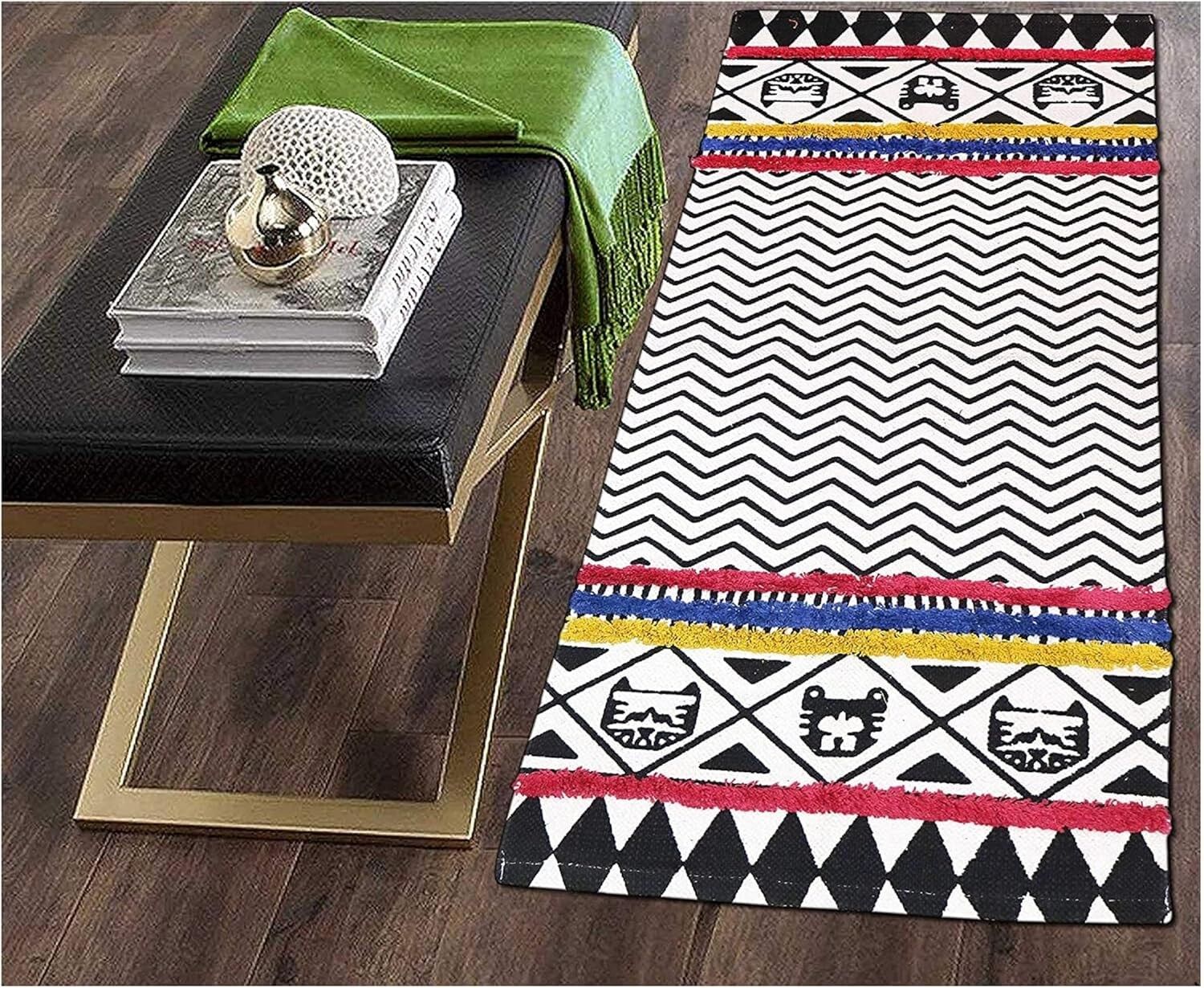 Tapis de créateur en coton naturel tissé à la main, tapis de sol lavable pour chambre ou salon, 60 x 150 cm (bordeaux et noir) |