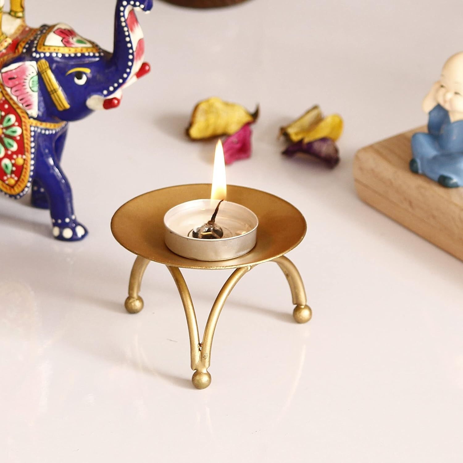 Porte-bougie chauffe-plat élégant et décoratif en métal doré, fait main | Cadeau de décoration pour Diwali