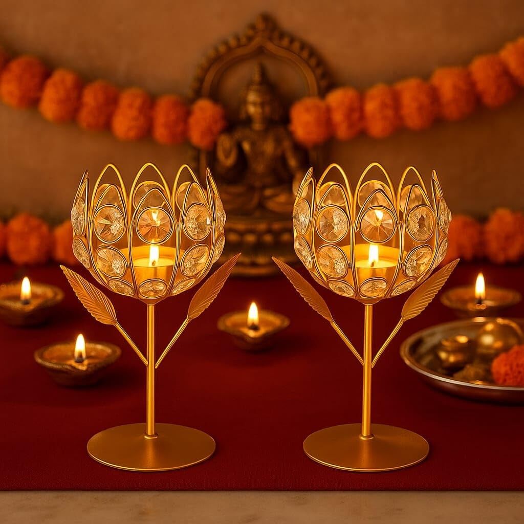 Lot de 2 photophores en cristal doré et ornés de roses et de lotus | Supports pour bougies votives K9 artisanaux, parfaits pour la décoration intérieure, Diwali et les fêtes religieuses.