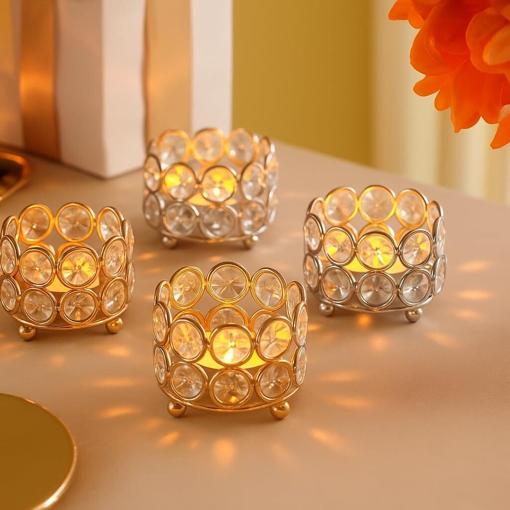 Élégant porte-bougie chauffe-plat en cristal doré, bougies votives K9 Diya étincelantes (lot de 4) | Décoration intérieure, Diwali, Mariage, Cadeau de Noël