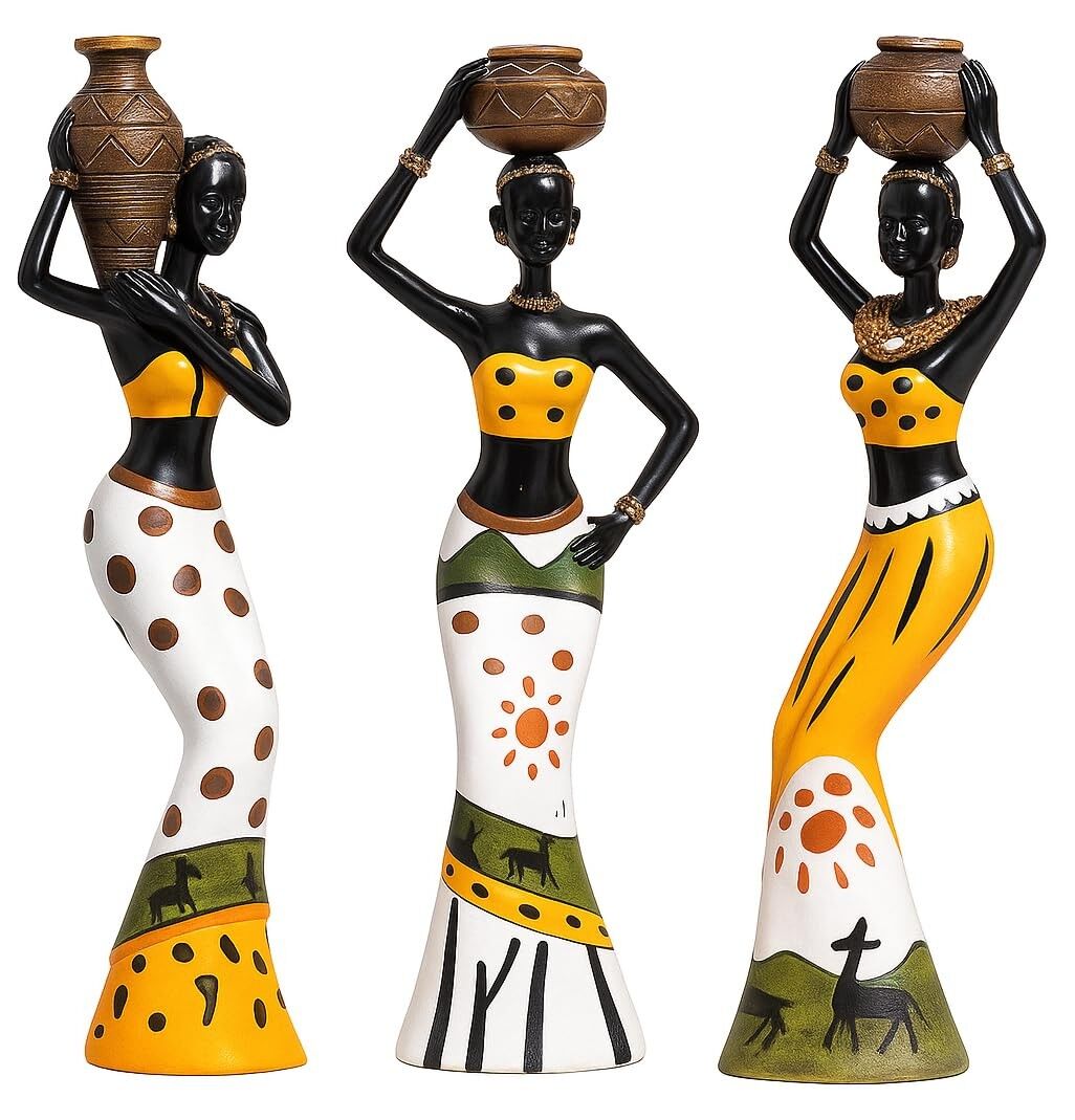 Ensemble de 3 figurines de femmes africaines tribales en résine, multicolores, fabriquées à la main | Décoration d'intérieur, objet artisanal, cadeau