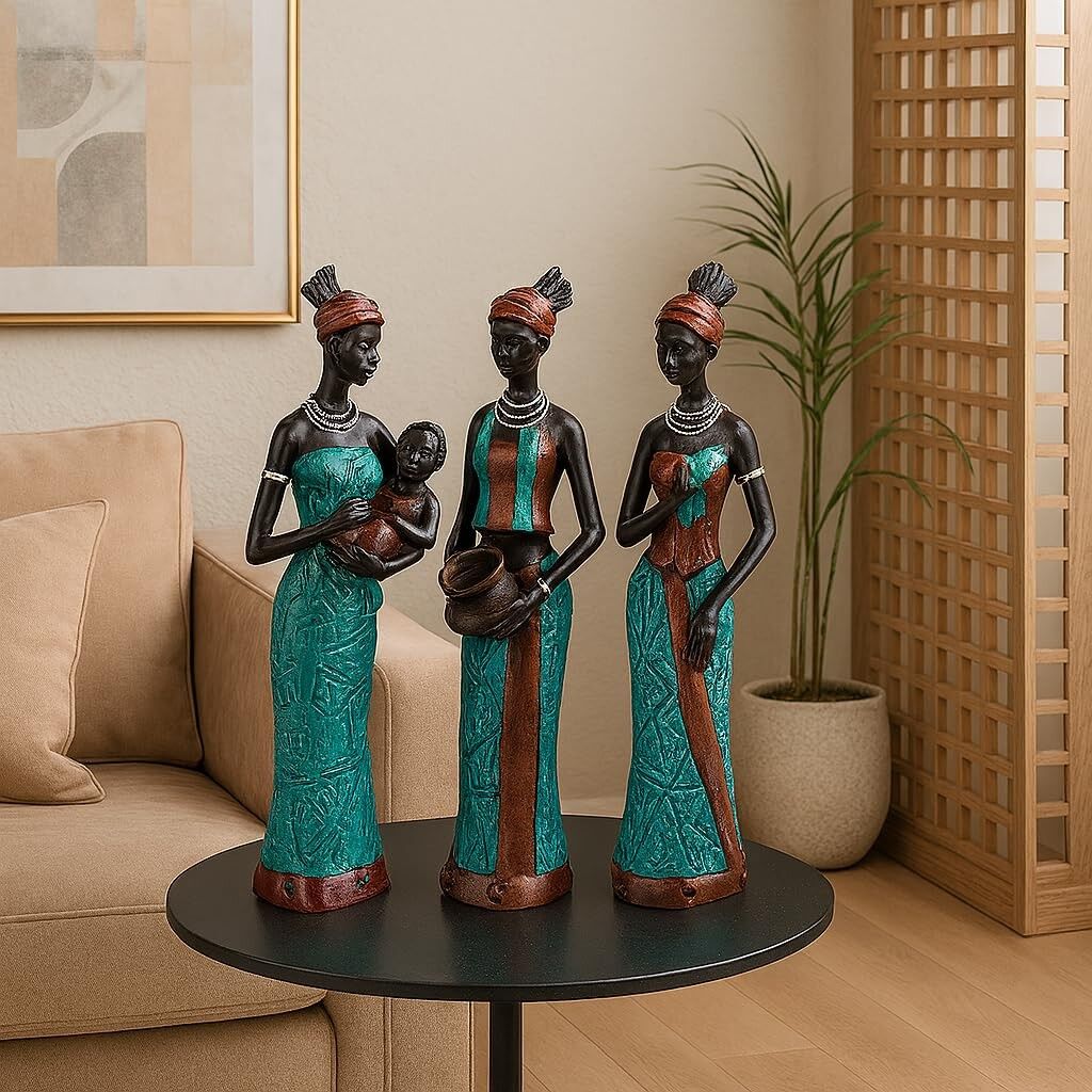 Figurines de femmes tribales africaines en résine, fabriquées artisanalement (lot de 3) | Décoration d'intérieur avec statues vertes et noires | Cadeau