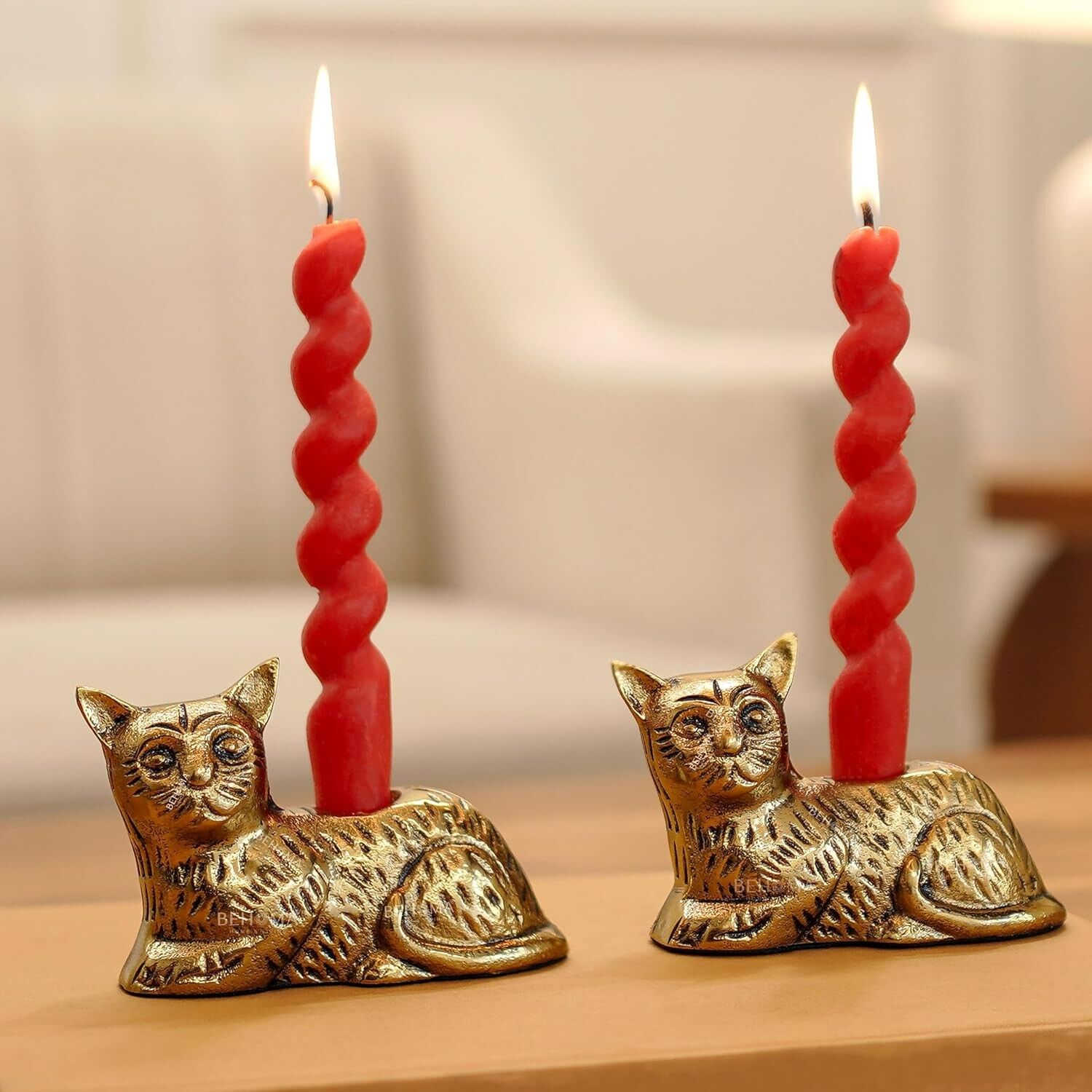 Bougeoirs en forme de chat doré antique (lot de 2) | Figurine décorative pour la maison, centre de table, cadeau
