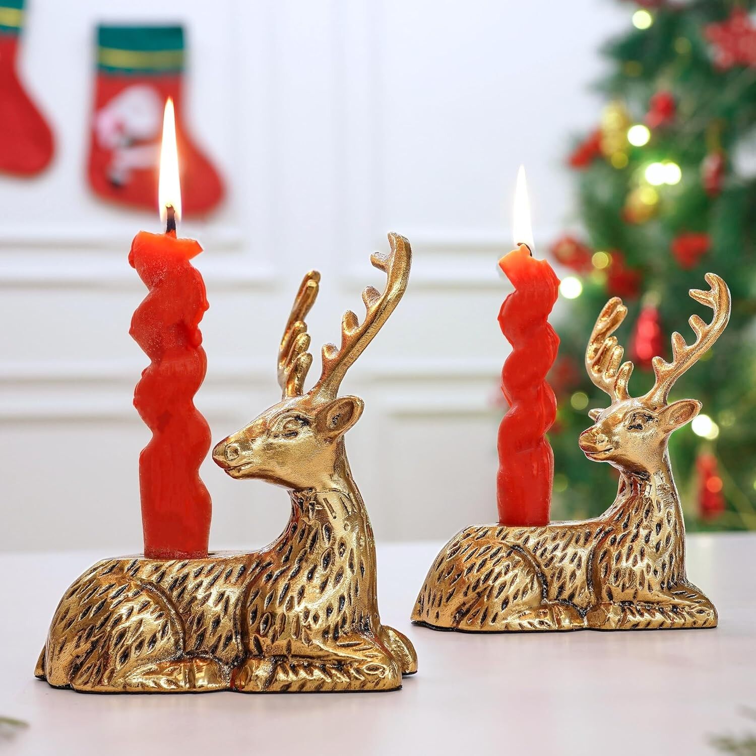 Ensemble de 2 bougeoirs figurines de rennes dorés antiques | Décoration cerf, cadeau idéal pour Diwali, mariage et pendaison de crémaillère