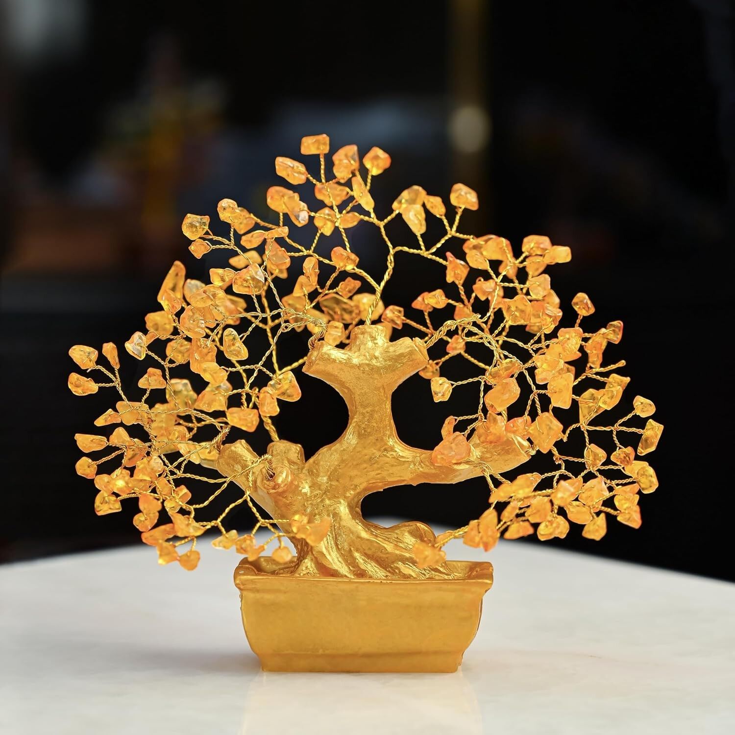 Arbre à argent Feng Shui fait main en cristal de citrine dorée pour attirer la richesse et la positivité, 15 x 10 cm | Cadeau porte-bonheur pour la décoration intérieure