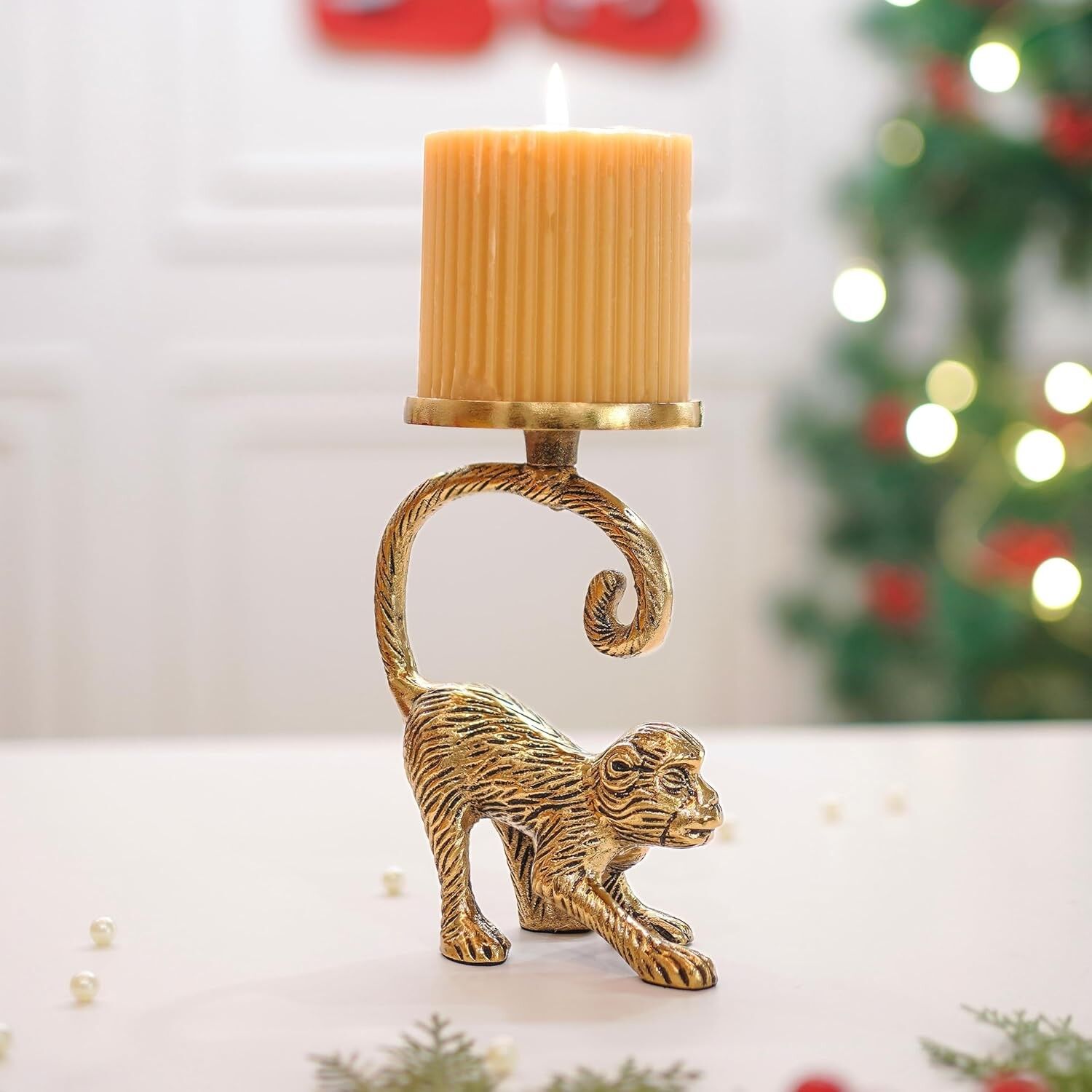 Bougeoir en métal représentant un singe, idéal pour la décoration intérieure | Objet décoratif à poser, cadeau, finition dorée