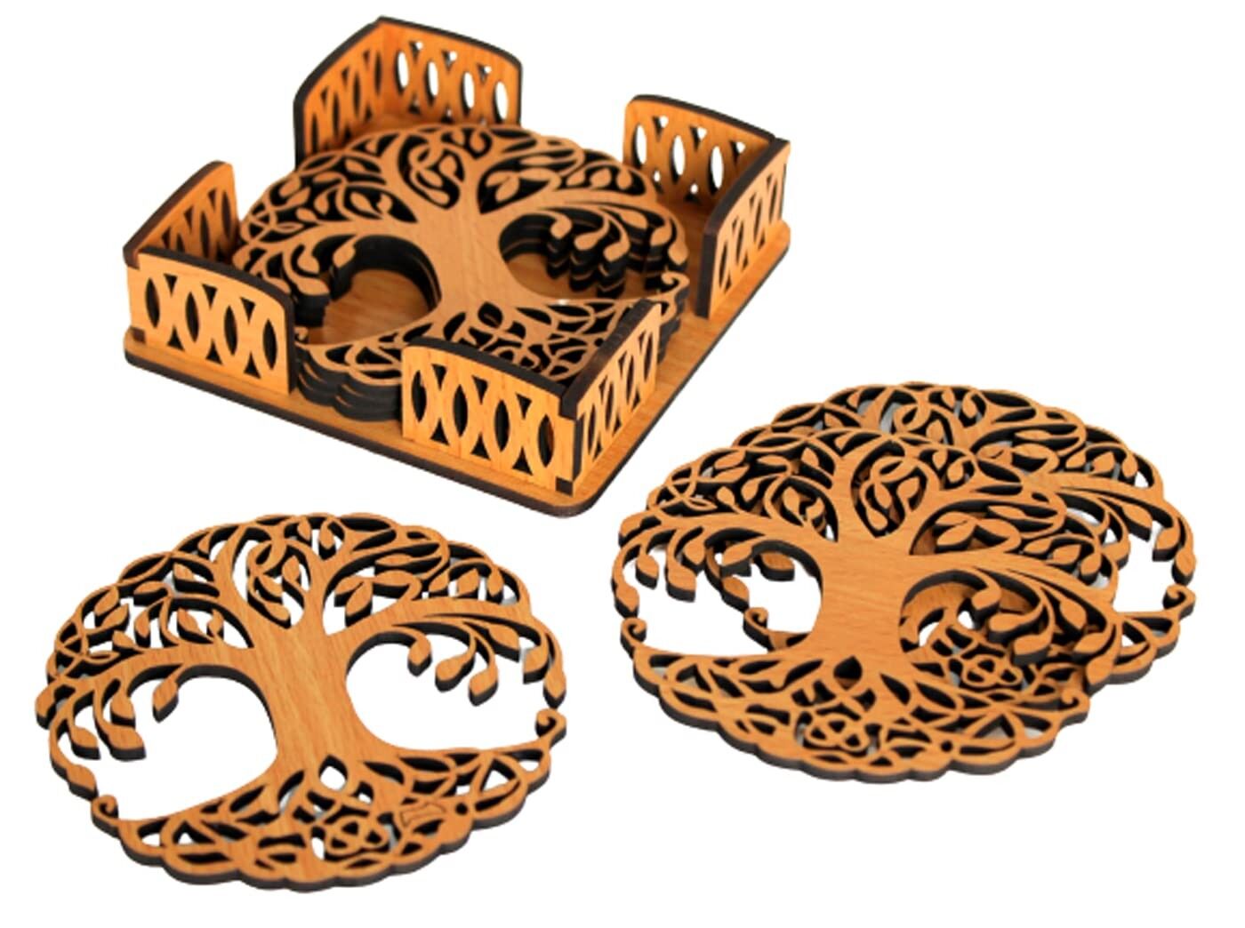 Dessous de verre en bois Arbre de Vie avec support - Lot de 6 (3.5") | Cadeau élégant pour la décoration de table et les verres