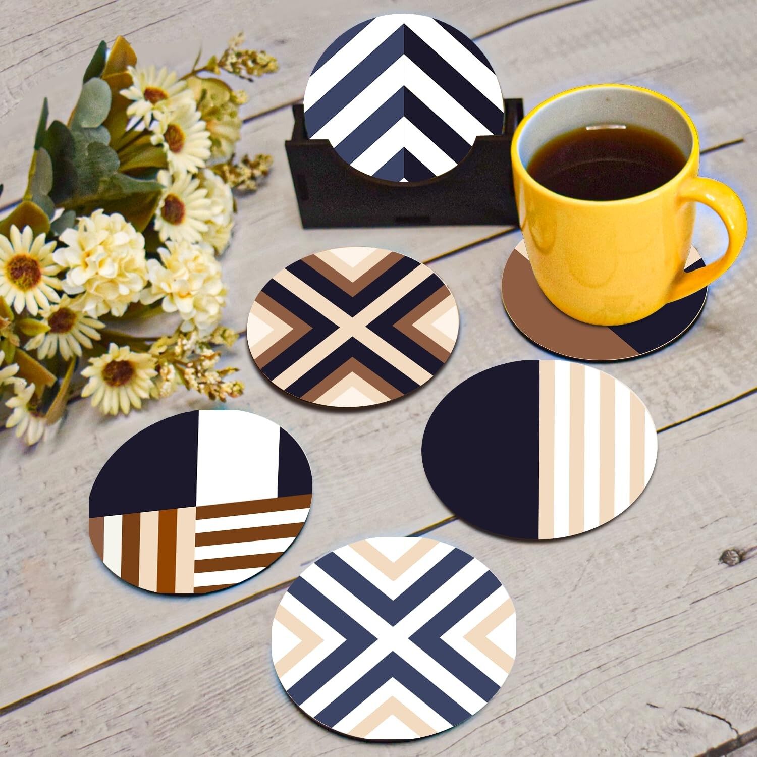 Ensemble de 6 dessous de verre en bois à motif chevron élégant avec support | Sous-verres pour tasses et verres, décoration intérieure, idées cadeaux