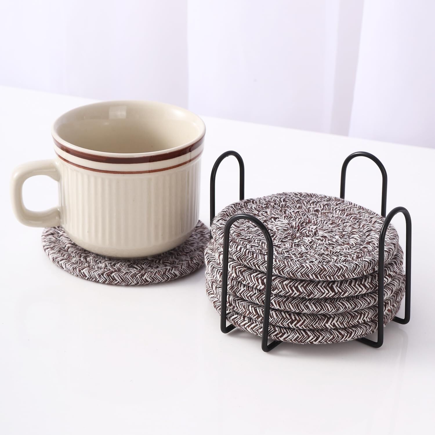 Dessous de verre minimalistes en coton absorbant tissé avec support, lot de 6, 10 cm | Décoration intérieure, art de la table, bar, cuisine, cadeaux