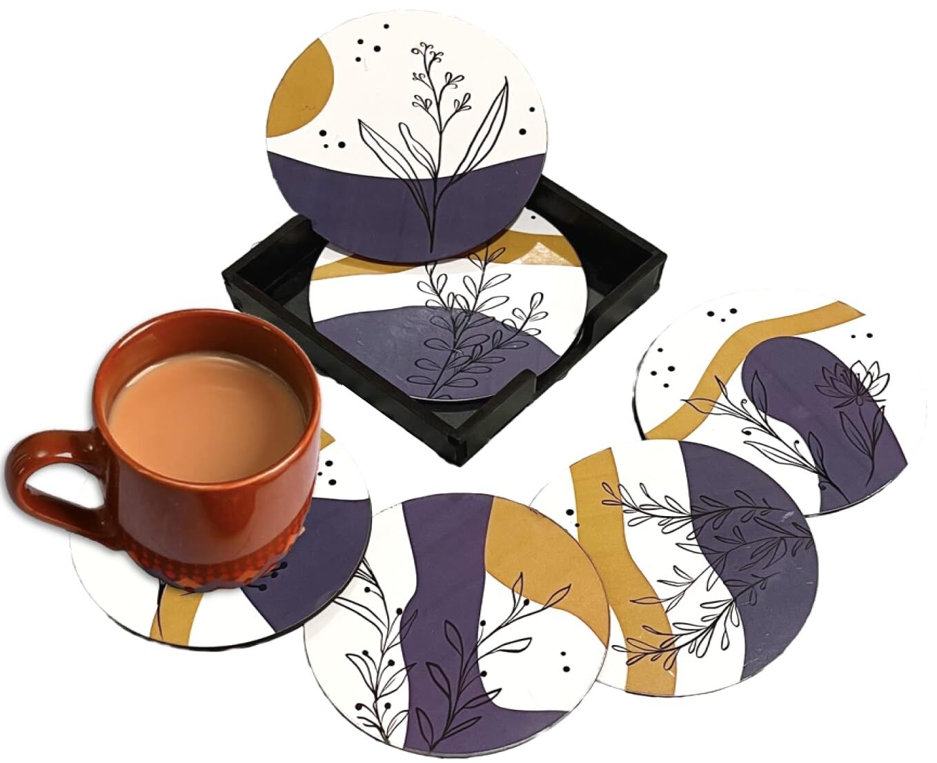 Ensemble de 6 sous-verres à motif orchidée avec support | Décoration élégante, cadeau idéal pour Diwali et pendaison de crémaillère