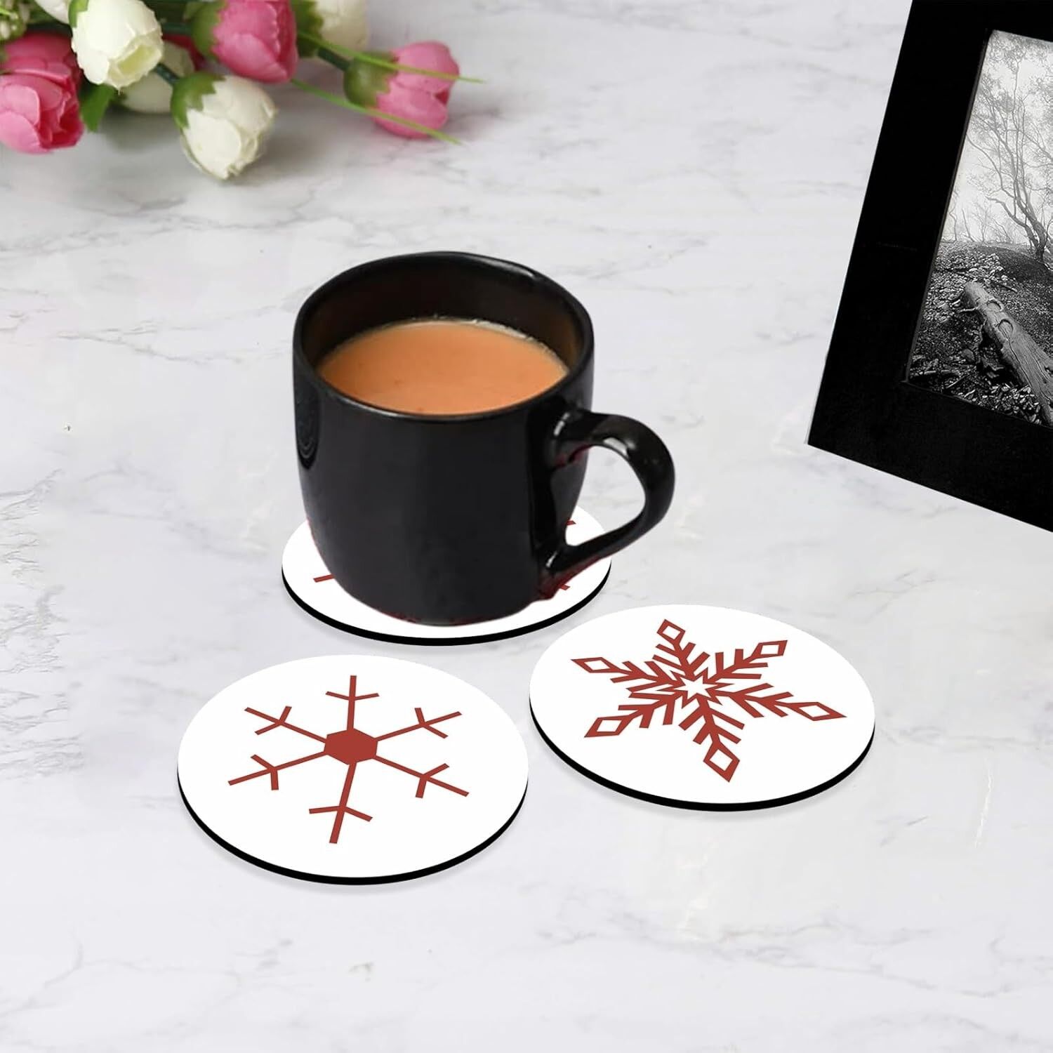 Ensemble de 6 sous-verres en bois style bohème élégants avec support | Idée cadeau pour Diwali, décoration pour la maison et la cuisine, fabriqué en Inde