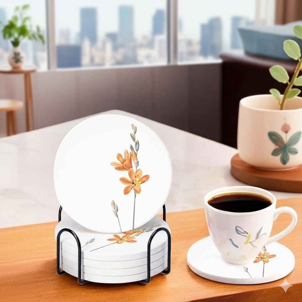 Lot de 6 sous-verres blancs à motif floral résistants à l'eau (10 cm de diamètre) | Accessoires de table, décoration intérieure, cadeaux pour femmes