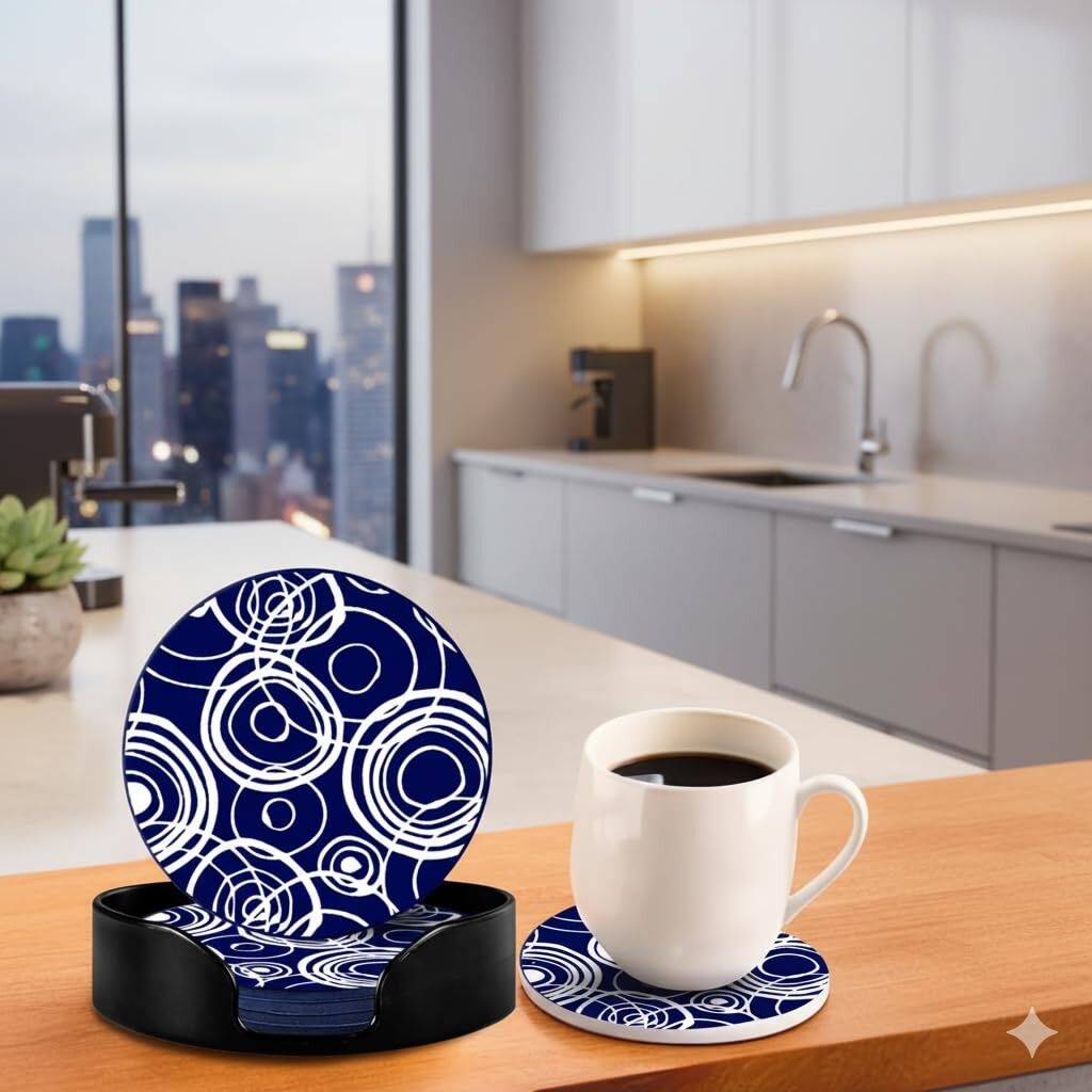 Lot de 6 sous-verres en silicone blanc marine (10 cm) avec support | Décoration de table, tasses à café, verres, cadeaux pour femmes