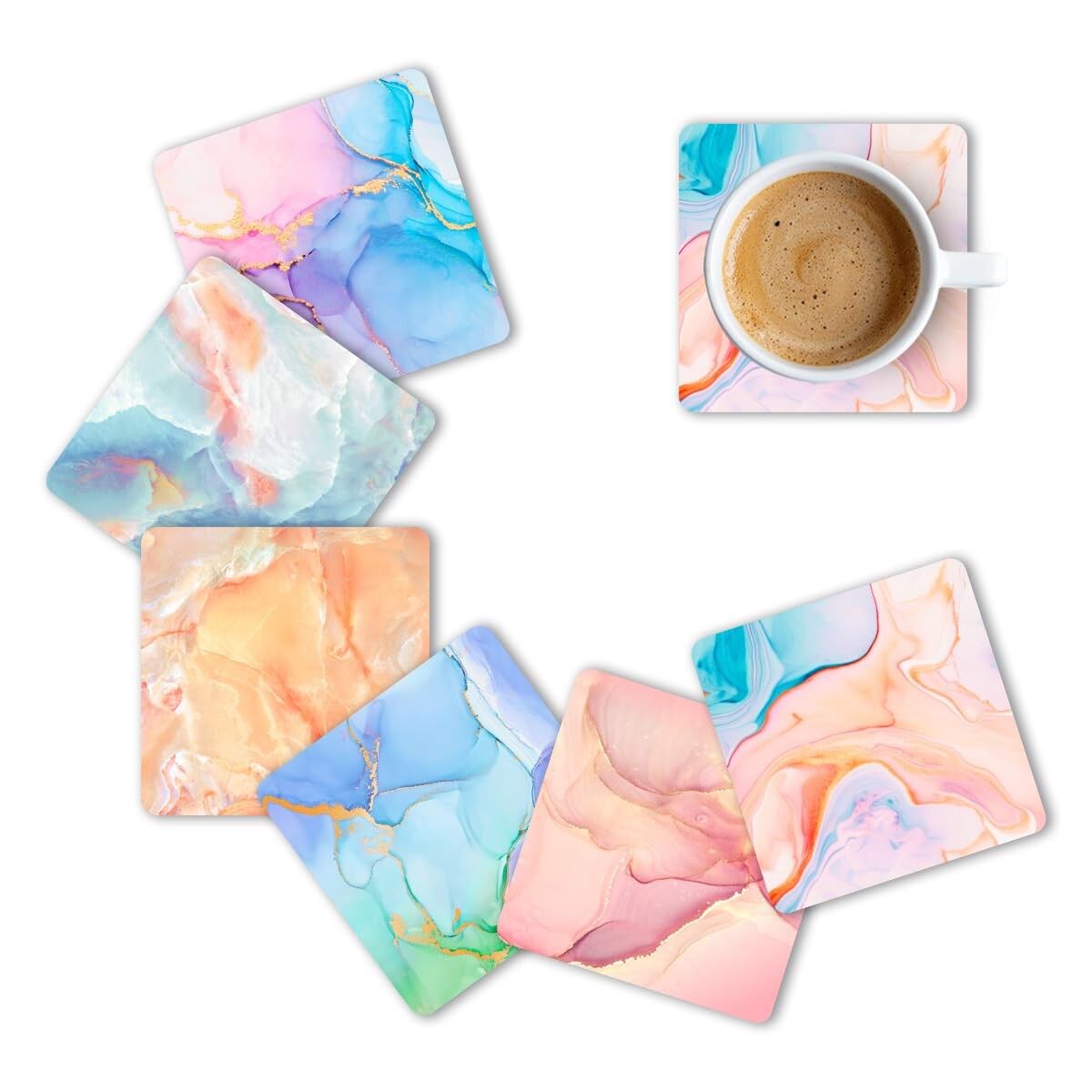 Ensemble de 6 dessous de verre en bois imprimé marbre de qualité supérieure (3.5") | Tasses à thé, mugs à café, verres, décoration intérieure, protection de table